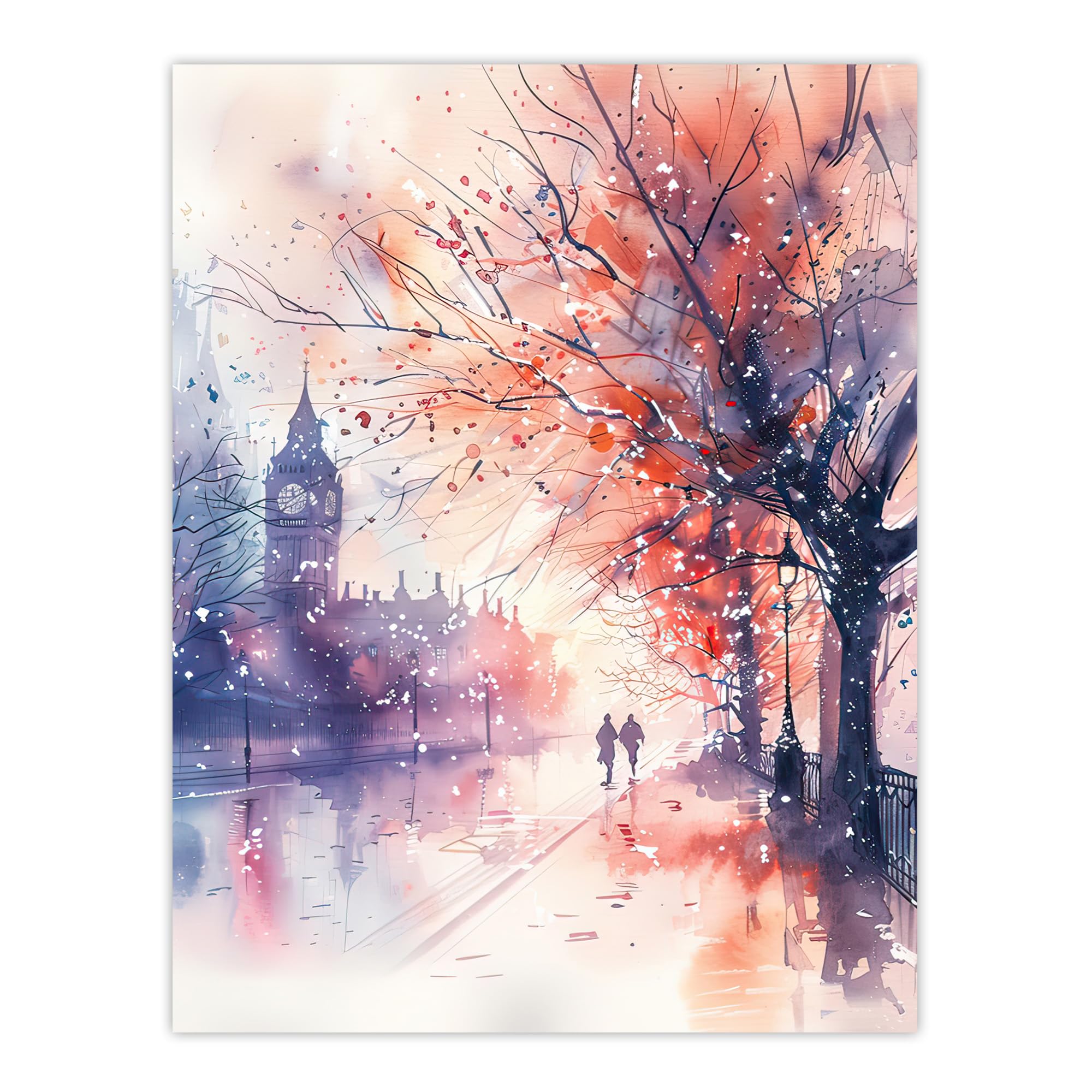 Artery8 - Watercolour Wall Art Print - London Big Ben Autumn - Purple - W18" x H24"