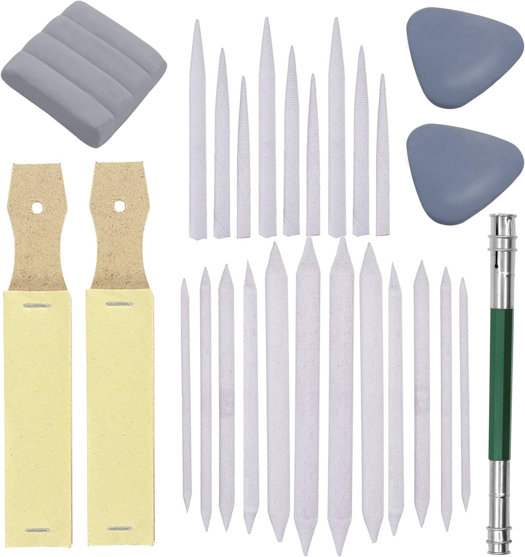 Doubletwo2 Set of 27 Blending Stumps Tortillions Set Pieces Sandpaper Pencil Sharpener and One Pencil Extension Tool Drawing Art kneaded Erasers and Gloss Erasers for Student Sketch Drawing