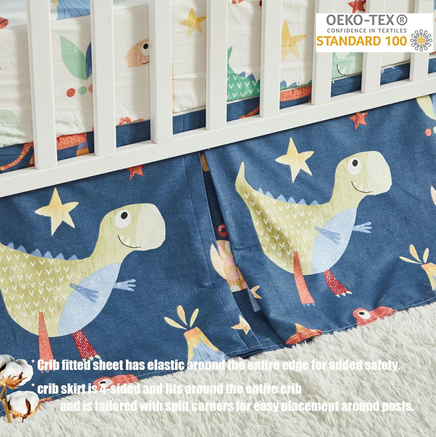 Brandream Crib Bedding Set for Baby Boys 3 Piece Dinosaur Bedding 100% Cotton Dark Blue Jurassic Dinosaur Dino Volcano Print Colorful Cartoon Baby Nursery Crib Set