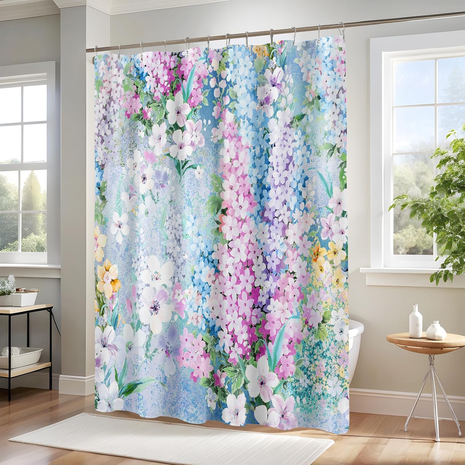 Extra Long Shower Curtain 72 x 96 Inch, Floor to Ceiling X-Long Blue Floral Shower Curtains, Pretty Funky Watercolor Colorful Flower Fabric Bathroom Shower Curtain Set with Hooks