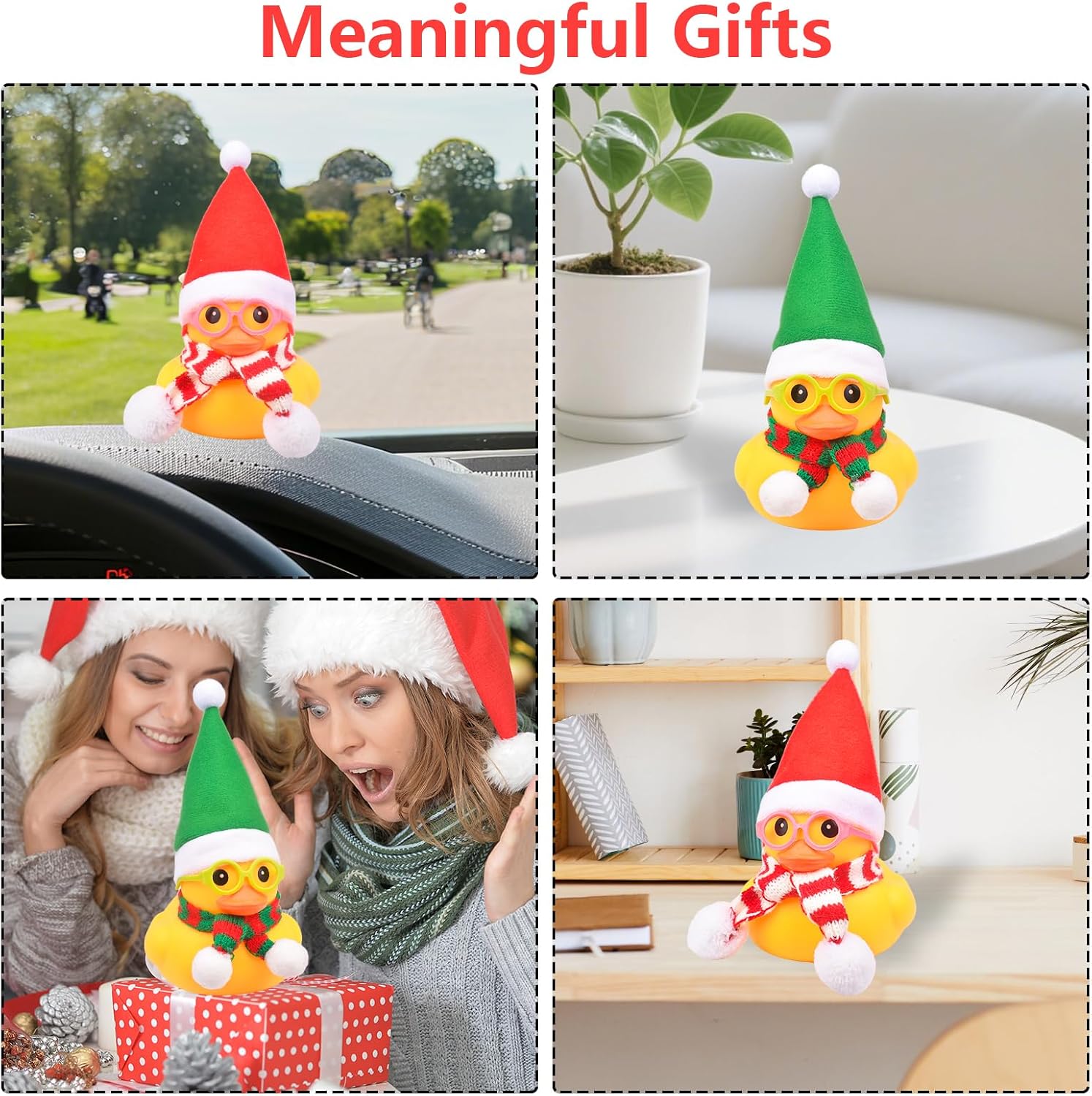 Christmas 3.3" Car Rubber Ducks Dashboard Decorations, Christmas Eve Yellow Duck Cars Ornaments Cute Ducking with Hat, Scarf, Sunglasses for Party Decor Gift