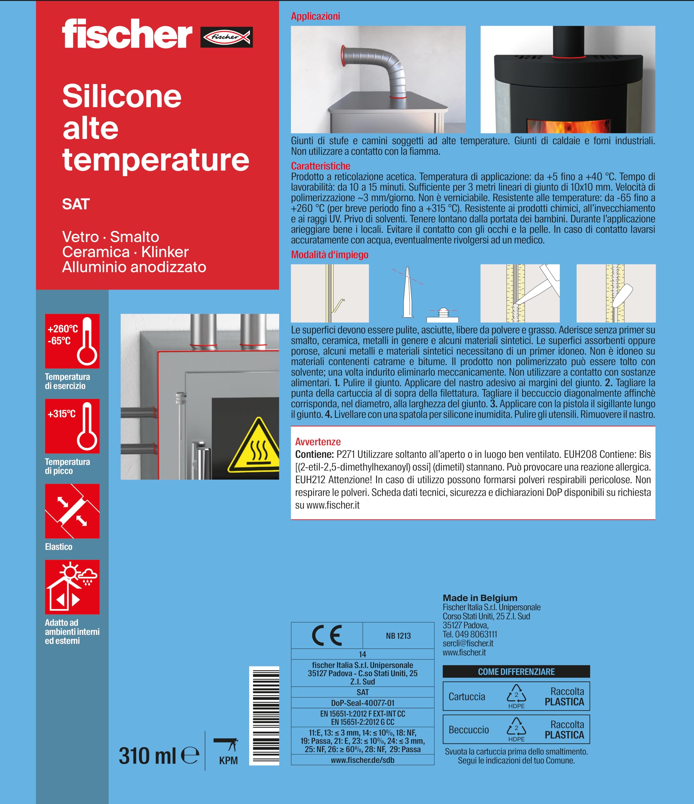 Fischer SAT Silicone Alte Temperature, Nero, Fino a 315°, Sigillante per Canne Fumarie, Tubazioni, Giunti, Caminetti, Stufe, Piani Cottura, 524771