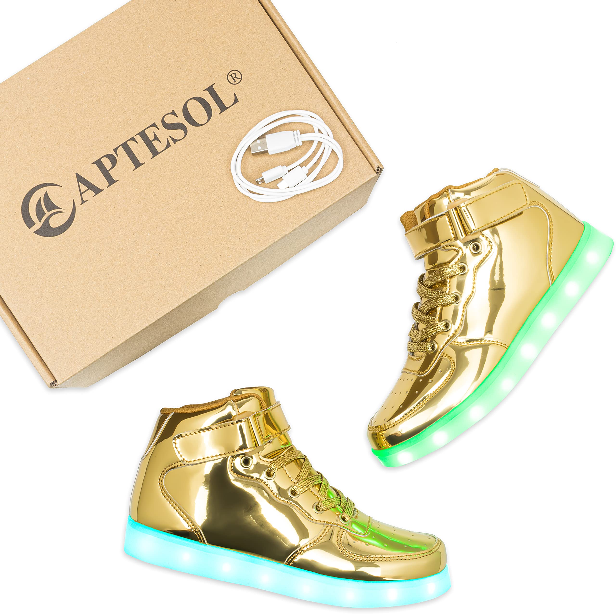 APTESOL Niños Juventud LED Light up Trainers Niños Niñas High Top Cool Intermitente Zapatos Unisex Zapatillas [Gold, EU29]