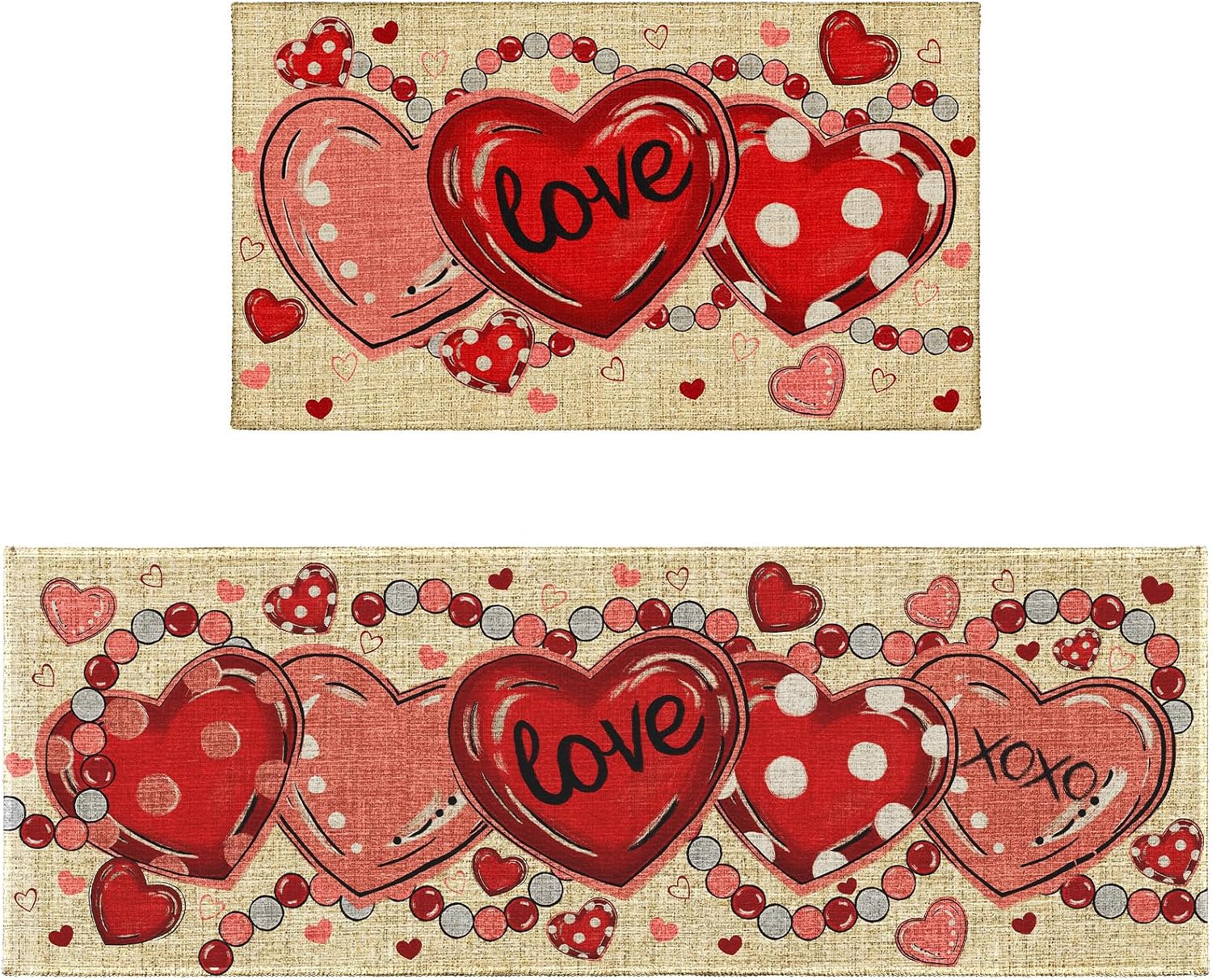 Valentines Heart Kitchen Rugs Sets of 2 Non Slip Valentine's Day Kitchen Runner Rug with Rubber Backing Washable Red Pink Heart Love Kitchen Mats for Floor Carpet 17"x47"+17"x30" for Hallway Laundry
