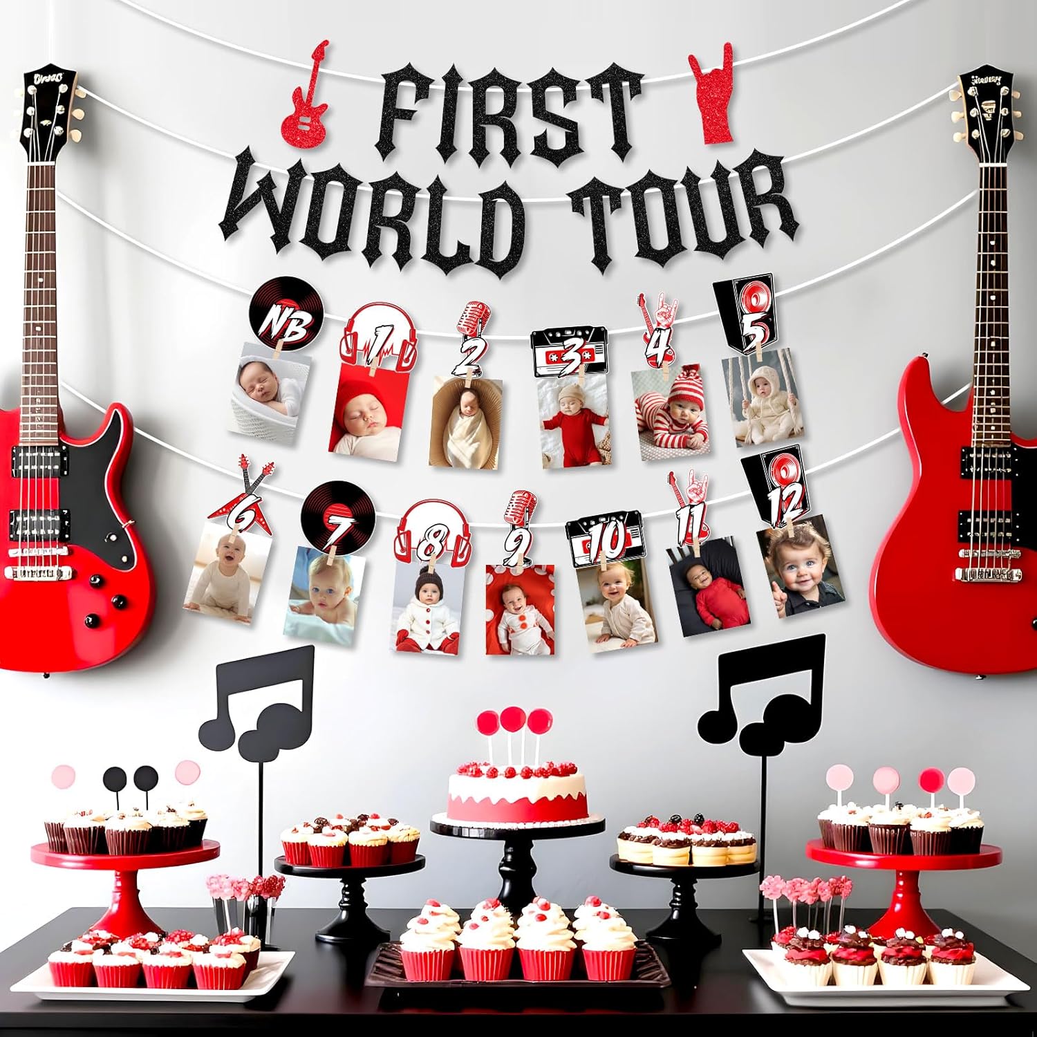 Rocks 1st Birthday Decorations First World Tour Birthday Banner One Rocks Photo Banner Rock And Roll Party Born To Rock Music Party Decoration Bunting Banner Supplies for Rock-N-Roll 1st Bday