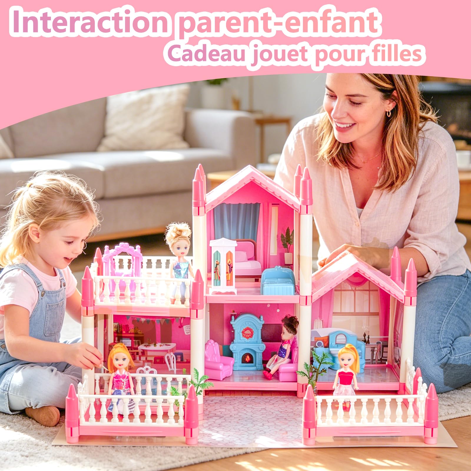 Maison de poupée pour filles avec lumière, tapis de jeu, poupées et meubles pour enfants de 3 à 8 ans