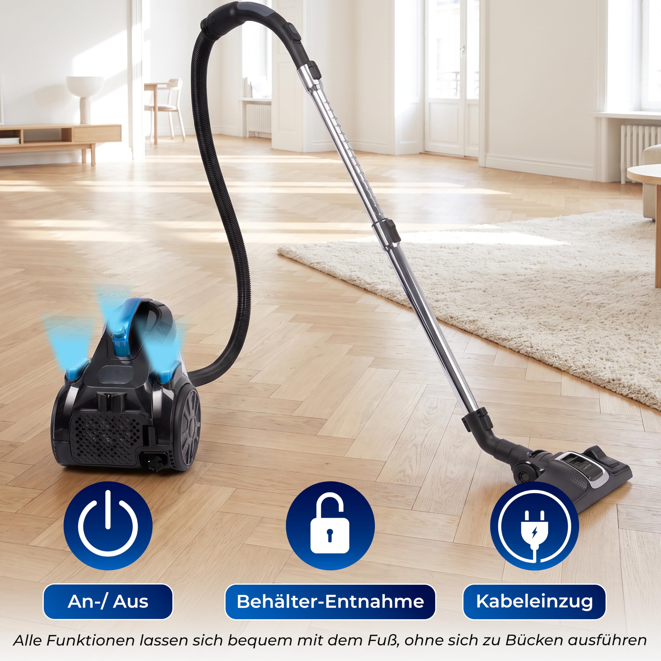 KLAMER Staubsauger beutellos mit HEPA H12 Filter gegen Tierhaare, 850 Watt | Fängt feinste Staubpartikel und Allergene zuverlässig ein. Geeignet für Hartböden, Teppiche, Polster, Treppen und Autos