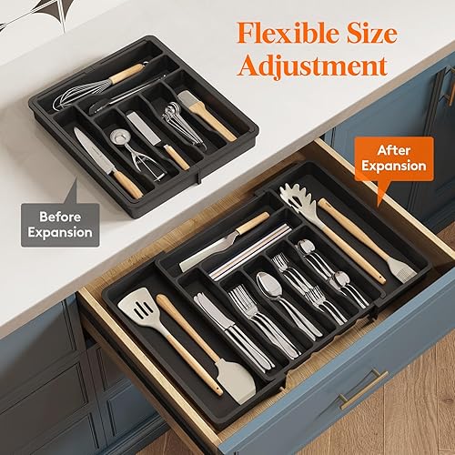 Miniatura 7 de Lifewit Organizador de cajones de cubiertos, organizador de utensilios expandible para cajones de cocina, bandeja ajustable de cubiertos y