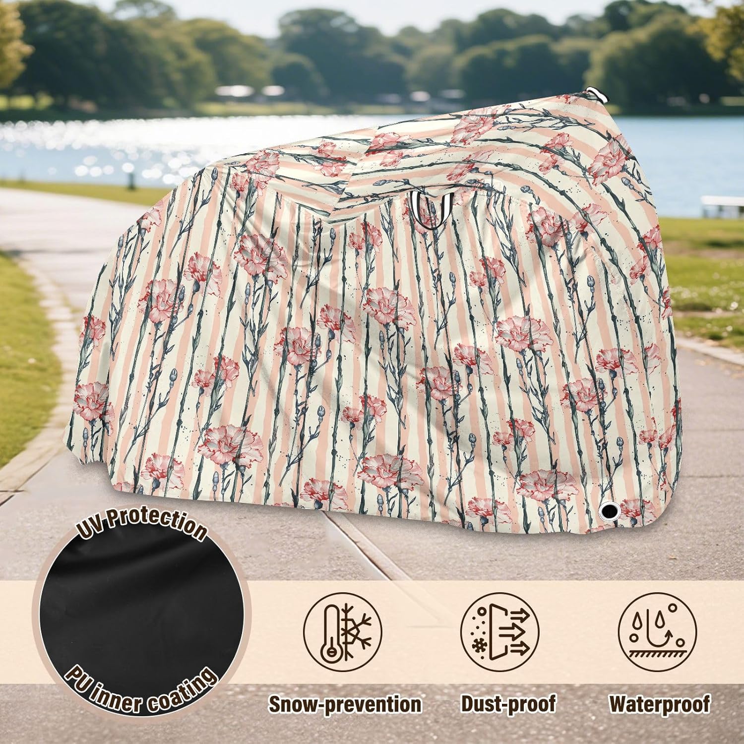 ALAZA Carnation Flower Stripes Bike Cover Waterproof Outdoor Ebike Bicycle Covers Tarp Protection for 1/2 Bikes, Sun UV Dust Wind Proof