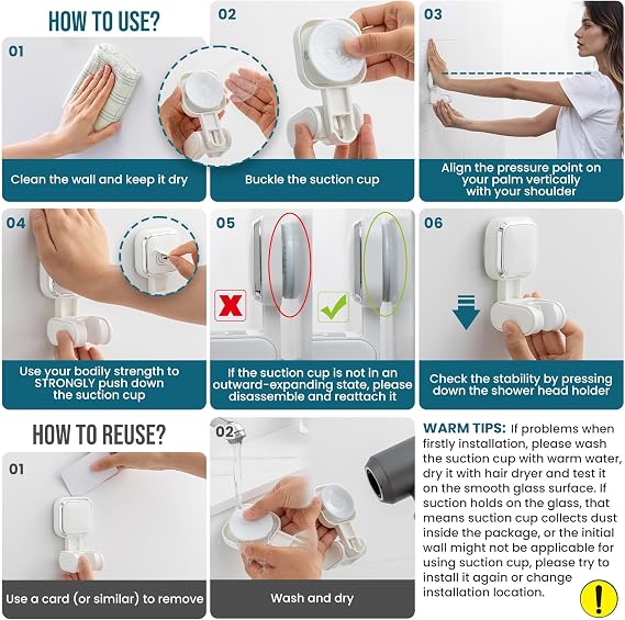 TAILI Shower Head Holder Suction,Adjustable Height & Angle,Universal,White