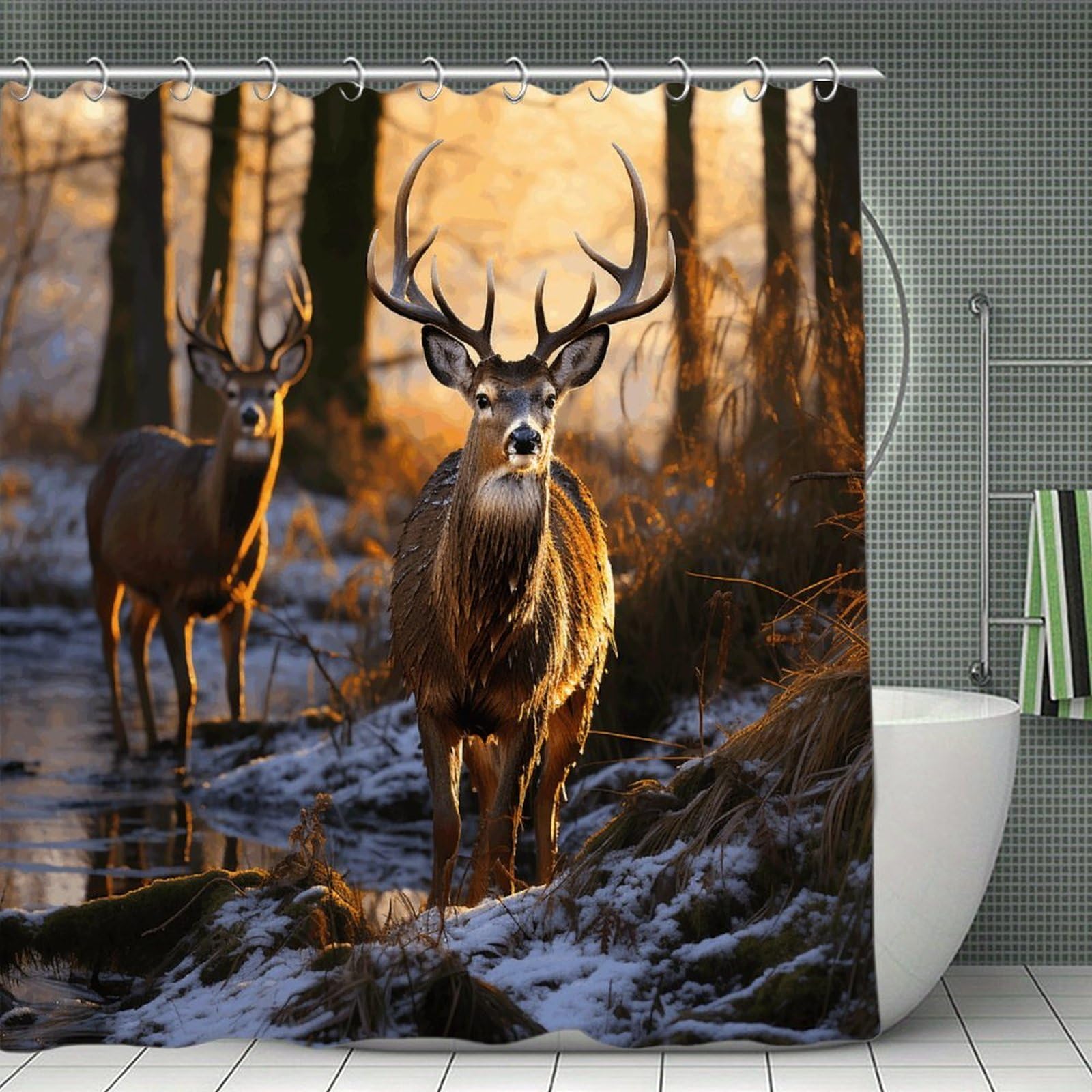 VstaDank Deers Picture Bath Curtain Elegant Heavy Duty Shower Curtains 70x70 in Rustic Farmhouse Cloth Shower Curtains Neutral Modern Bath Curtain for Bathroom