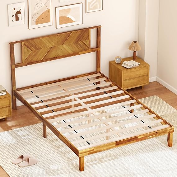 KOMFOTT Full Size Wood Bed Frame with Headboard, Solid Acacia Wood Platform Bed Frame, Wooden Slats Supported Bed Base with Under-Bed Storage Space, No Box Spring Needed Mattress Foundation