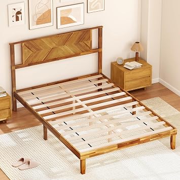 KOMFOTT Full Size Wood Bed Frame with Headboard, Solid Acacia Wood Platform Bed Frame, Wooden Slats Supported Bed Base with Under-Bed Storage Space, No Box Spring Needed Mattress Foundation