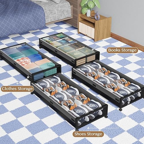 Miniatura 6 de Almacenamiento debajo de la cama con ruedas, paquete de 2 contenedores de almacenamiento debajo de la cama con tapas transparentes, cubos