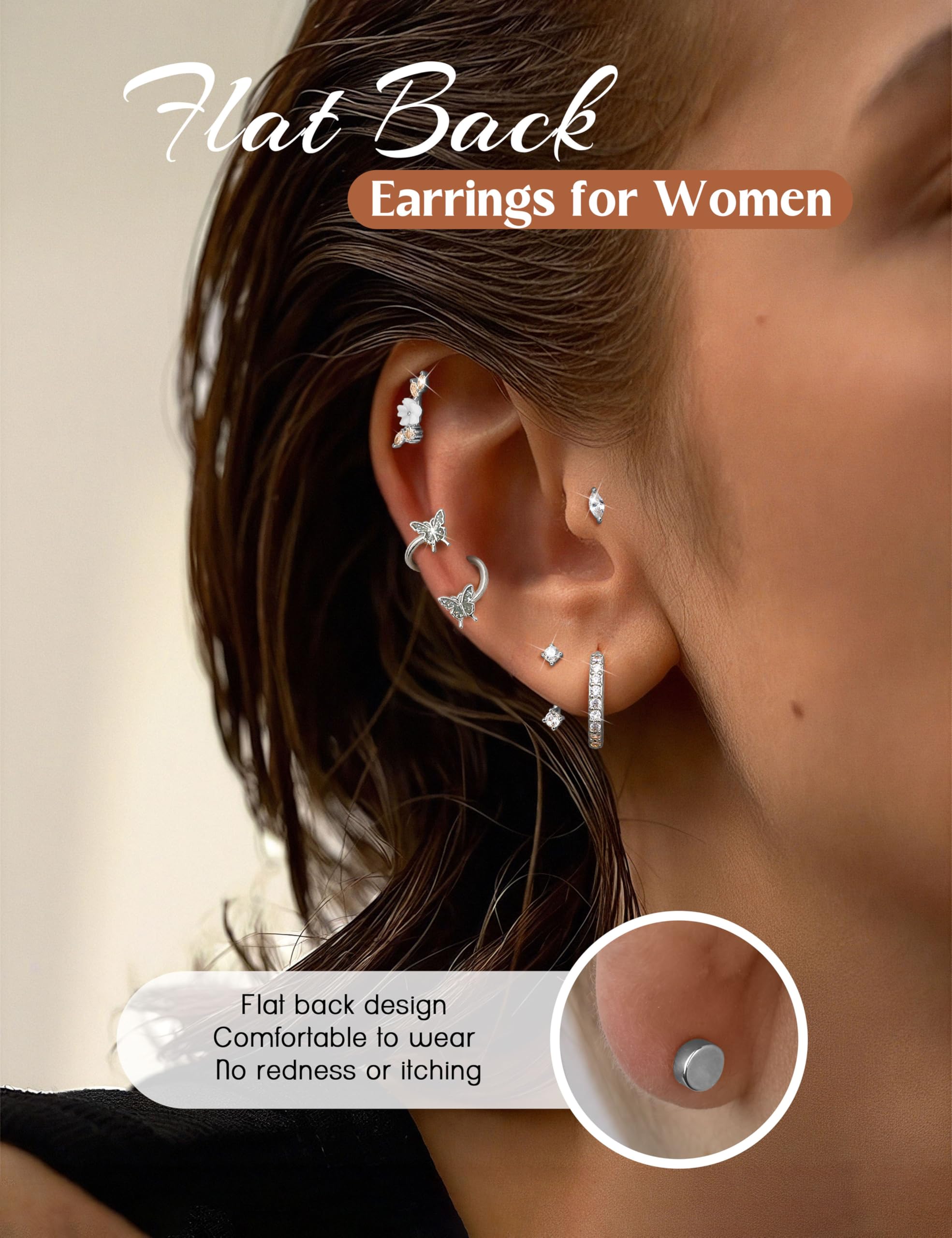 HMJGDHX 12 sztuk Helix Piercing biżuteria srebrne złote kolczyki dla kobiet chirurgiczne stalowe kolczyki z płaskim tyłem Rook Daith Conch Tragus Piercing biżuteria małe Helix Hoop kolczyki na