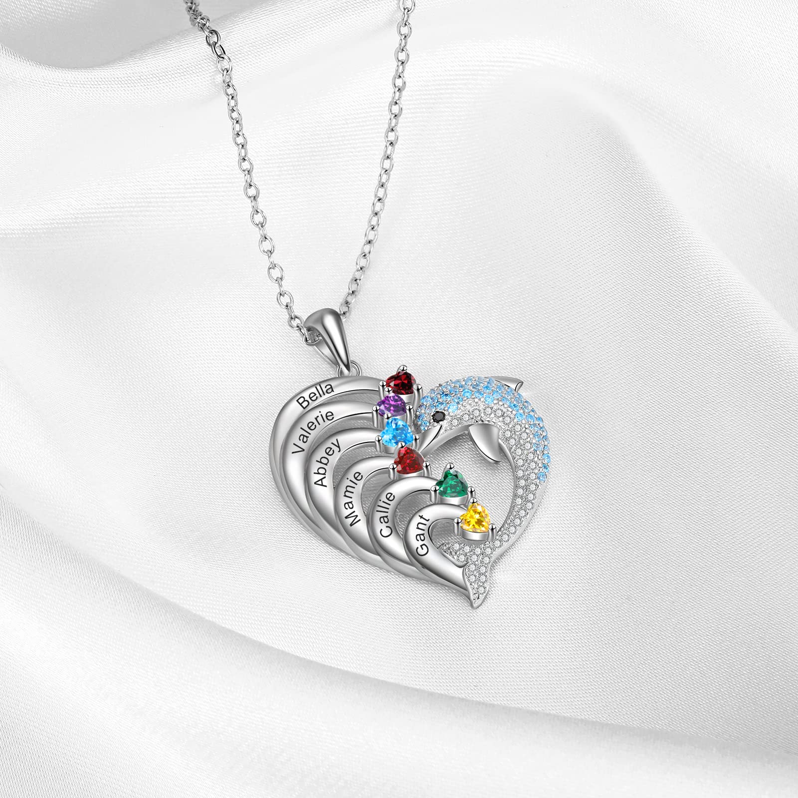 ALBERTBAND Collar Personalizado Delfines Forma de Corazón con 2-8 Nombres Colgante de Piedra Natal Grabada para Mujer Collar de Promesa Familiar para Joyería del día de San Valentín