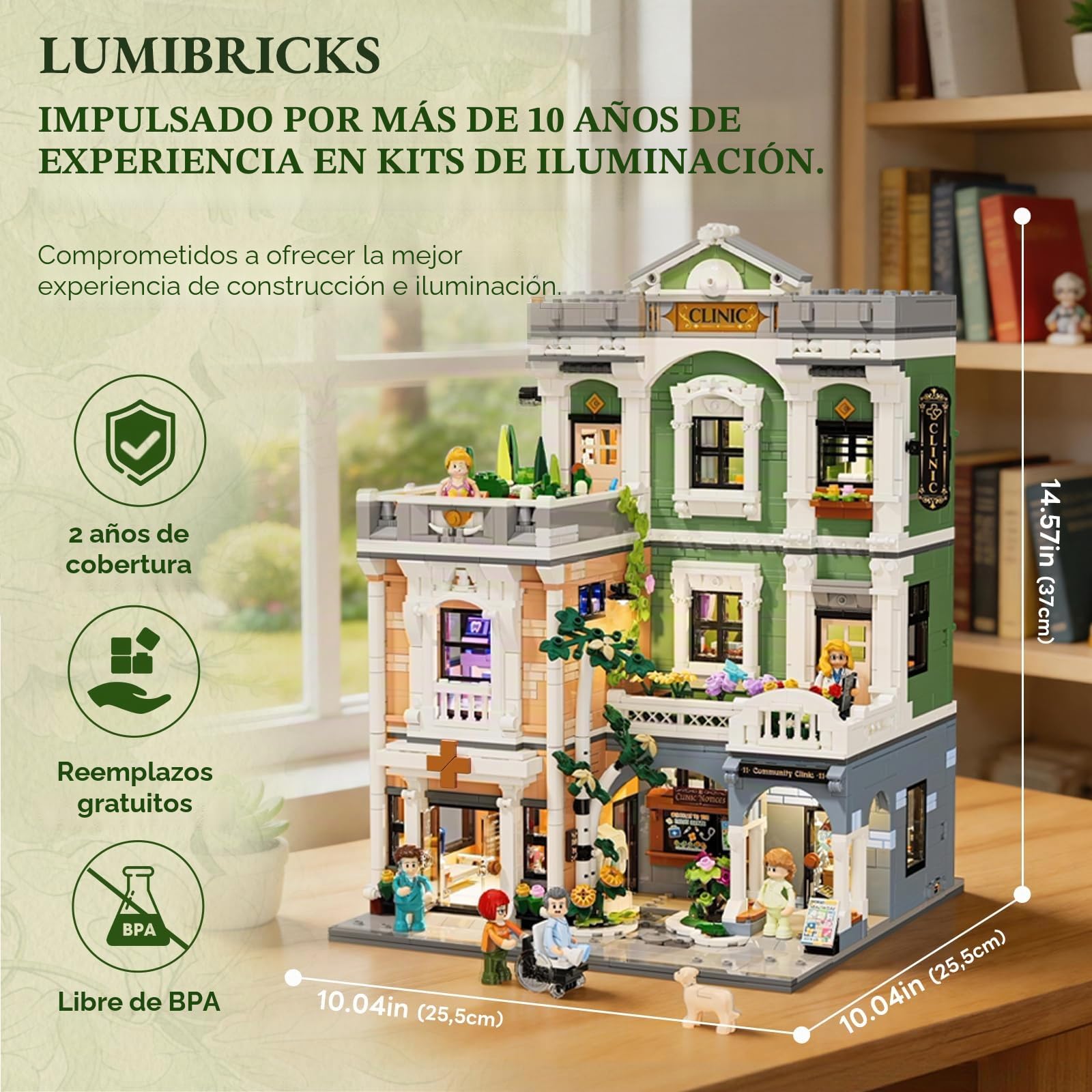 LUMIBRICKS Greenway Clinic Set de bloques de construcción iluminados, clínica de 3 plantas con luz LED, 1800 piezas Edificio modular con ascensor e interiores, regalo para adultos