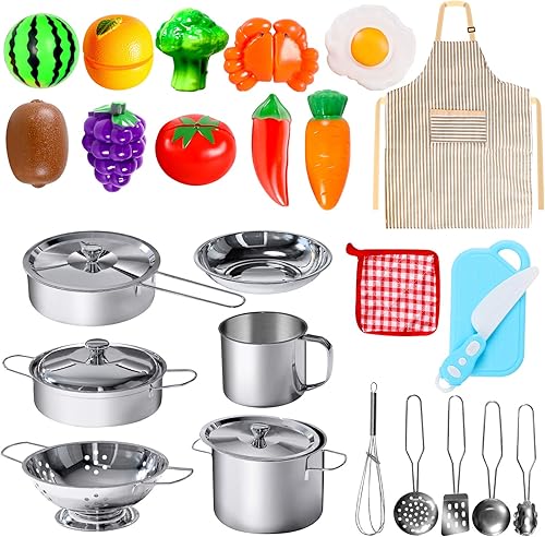 Juego de 28 juguetes de cocina de simulación, juego de cocina con utensilios de cocina de acero inoxidable y accesorios para niños pequeños y niñas