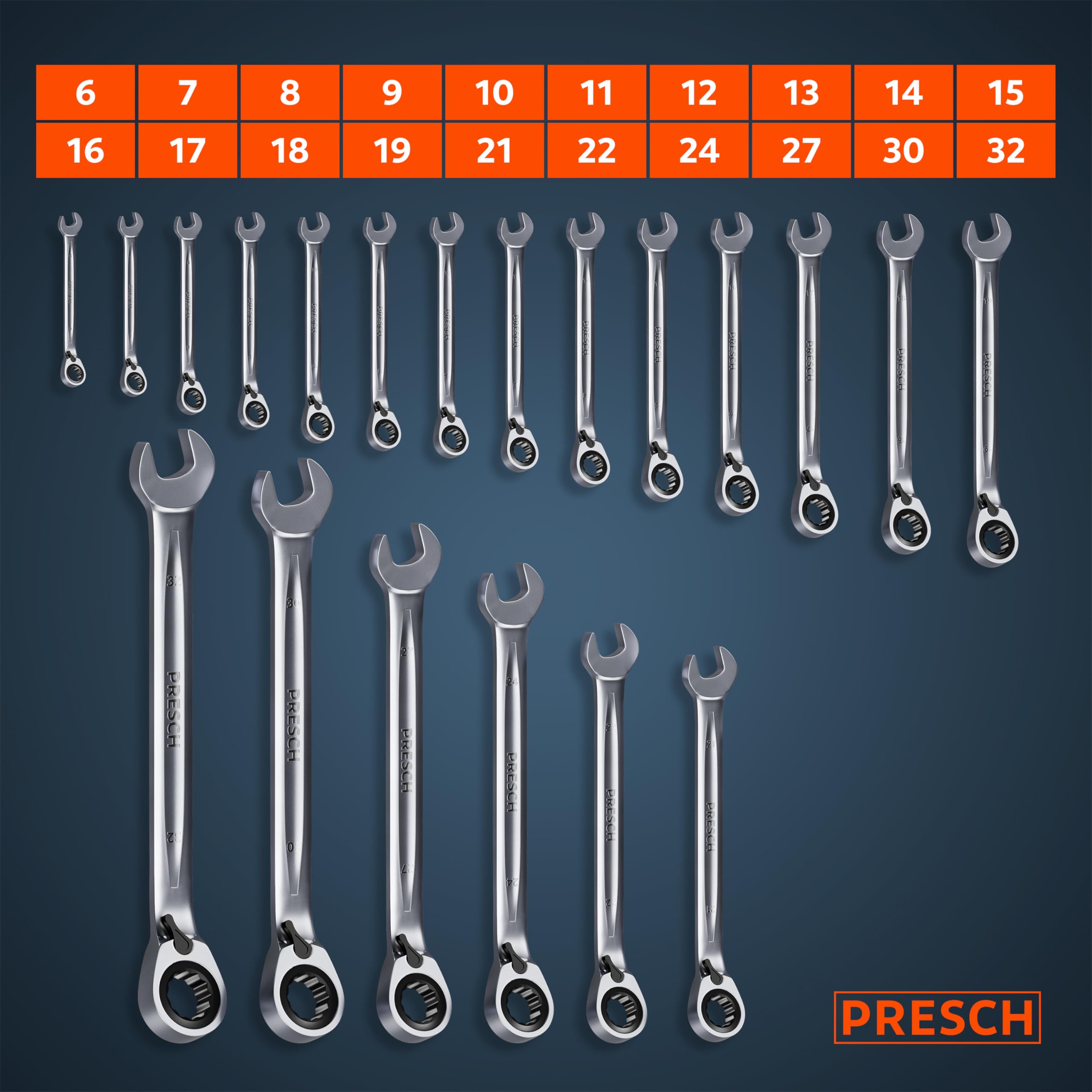 PRESCH Clés à cliquet réversibles 20 pcs 6-32mm avec sacoche 135 dents robustes