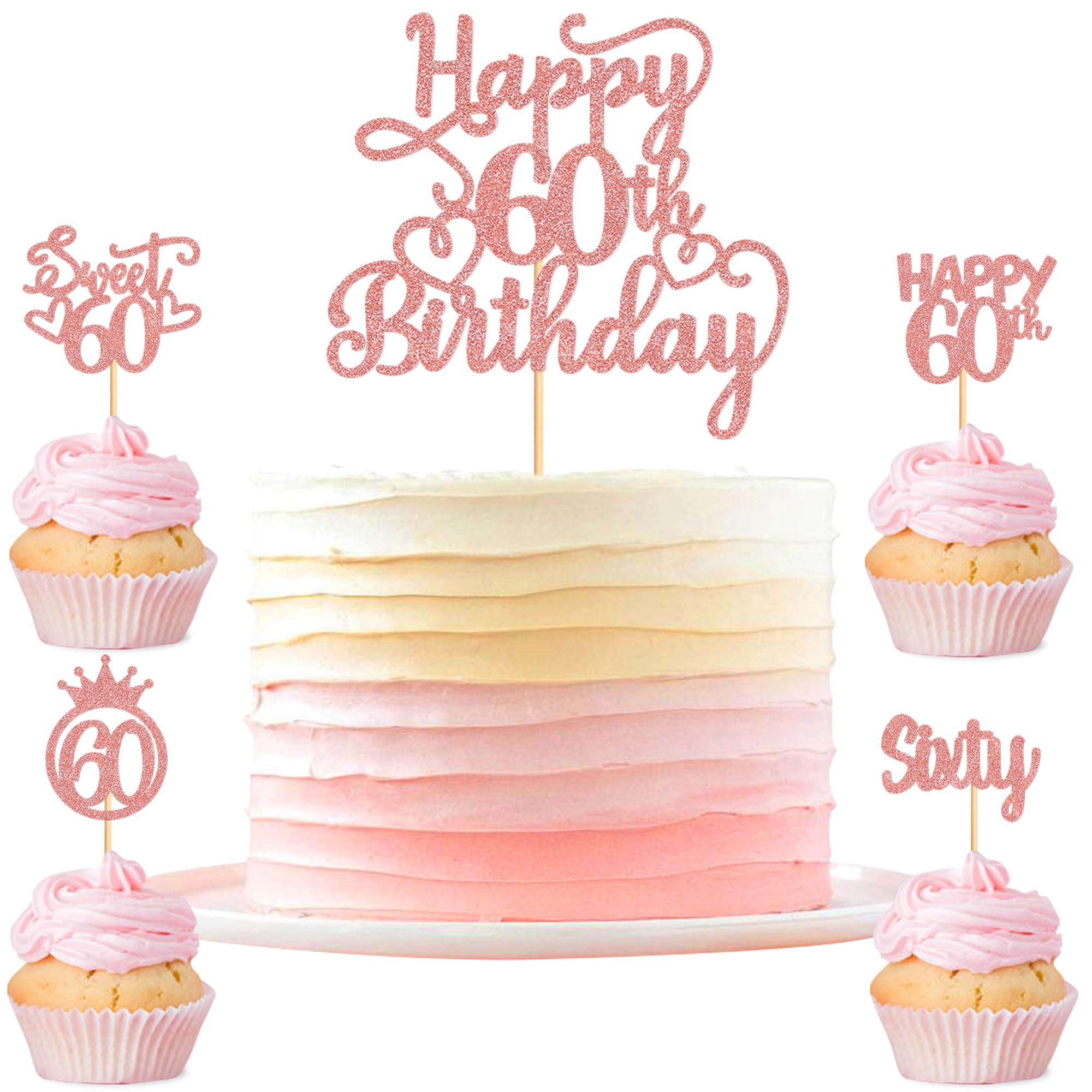 Blumomon 25PCS Rose Gold 60th Birthday Cake Toppers Glitter Sixty Happy 60th Number 60 Cupcake Picks for Cheers to 60 Years 60th Birthday Wedding Anniversary Party Decorations Supplies