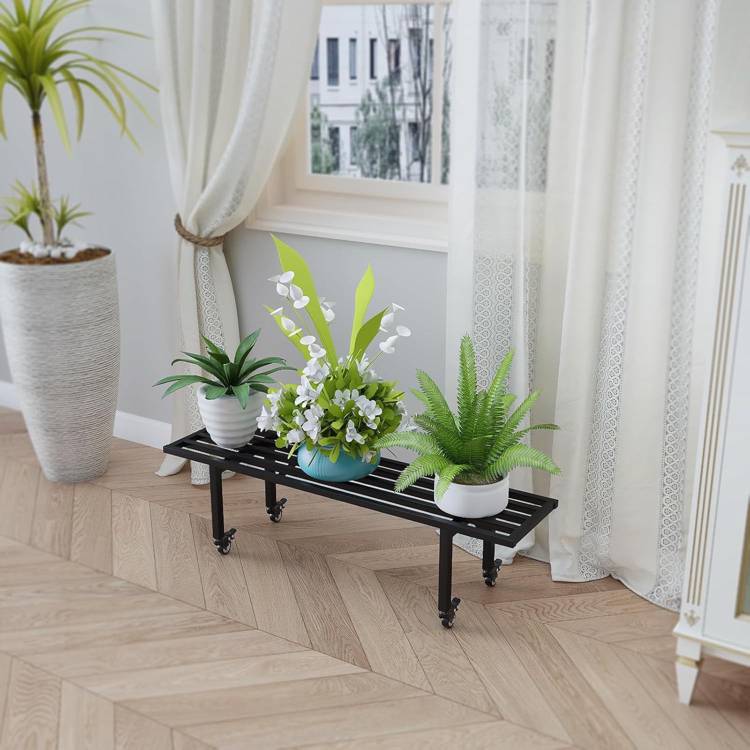 Zhongma One Tier Metal Plant Stand with Wheels,(35.43 L x 8.66 W x 10.3 H) Heavy Duty Plant Holder for Home, Window,Garden, Plant Lovers, Display Stand 1 Tier: 35.43 L x 8.66 W x 10.3 H with Wheels