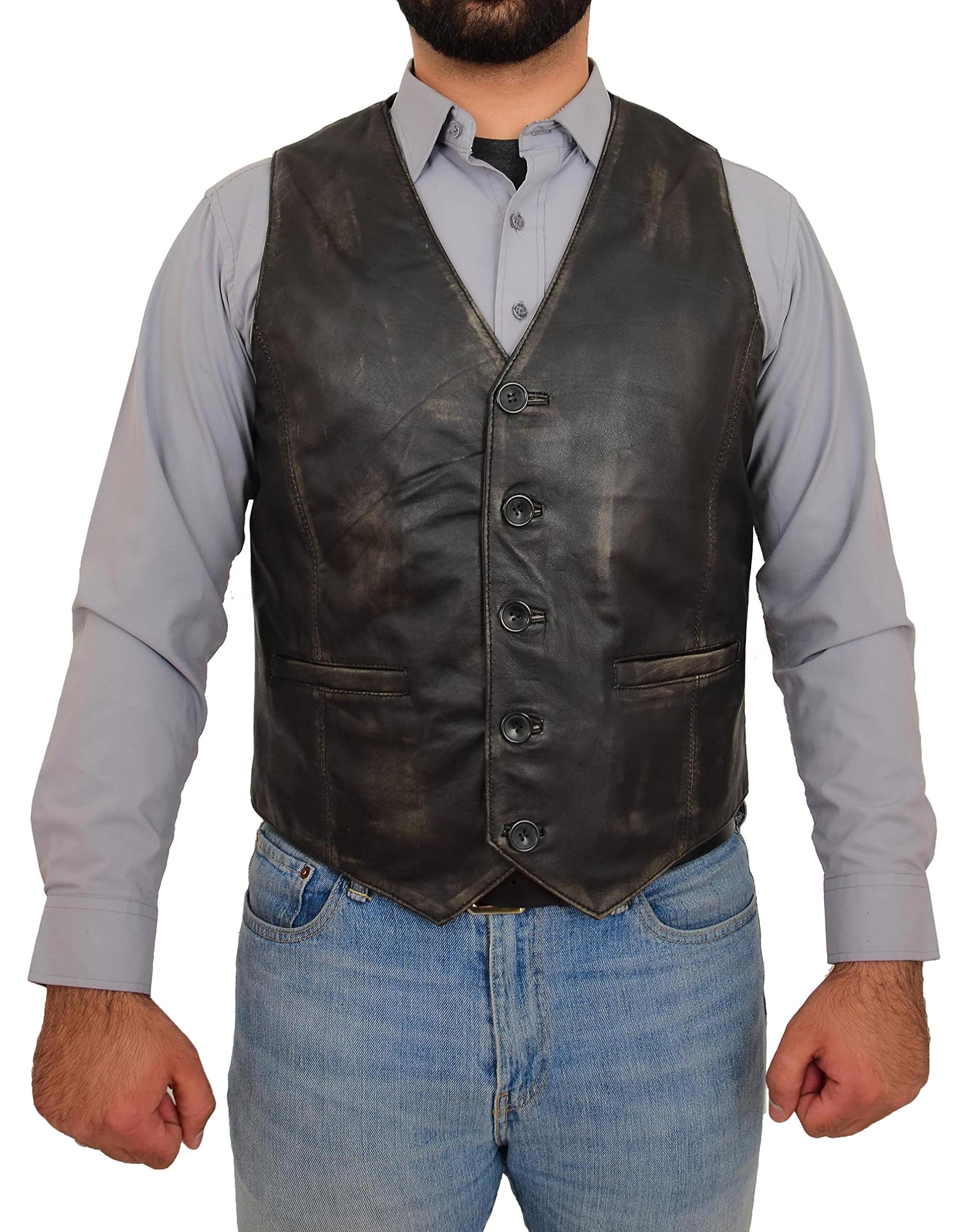 Mens Real Leather Waistcoat Classic Style Vest Nick (M, Rub Off)