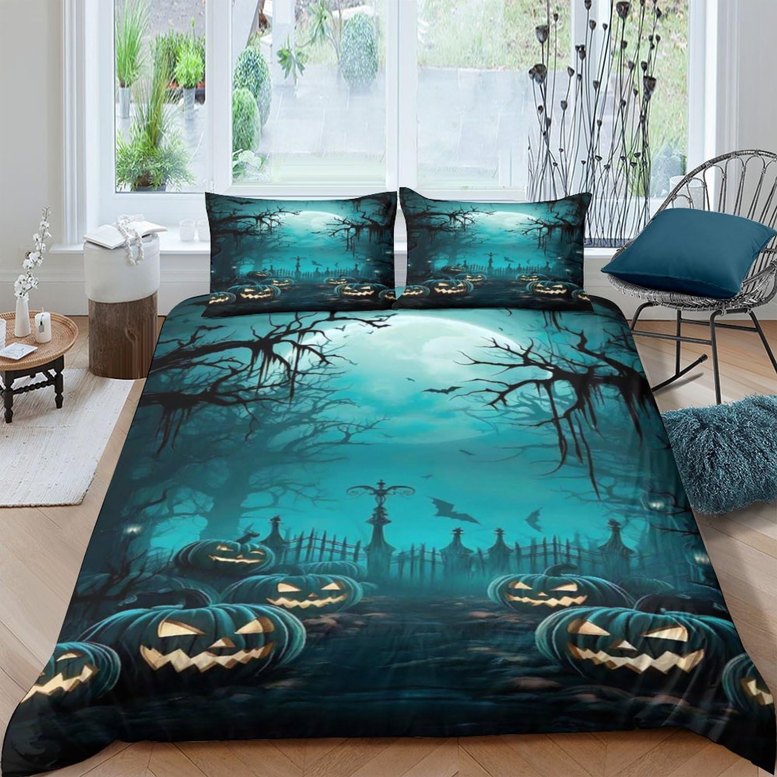 Ctjqhvkz Style-8 3D Printed Haunted Pumpkin Fitted Sheet Microfiber Deep Blue Night Cemetery Mattress Cover For Bedroom Dorm Room Decor Single（135X200cm）