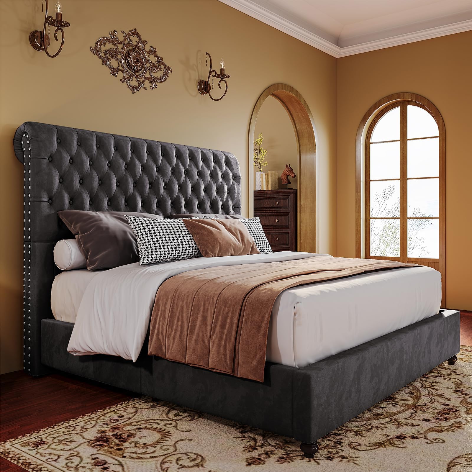 PaPaJet Bed Frame Queen Size Upholstered Platform Bed with 53'' Tall Sleigh Headboard, Button Tufted, No Box Spring Needed, Easy Assembly, Dark Grey