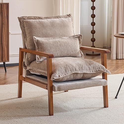 VINGLI Mid-Century Modern Cloud Accent Armchair with Lumbar Pillow, 6.3'' Thick Seat Cushion Comfortable Lounge Chair with Wooden Armrests for Bedroom, Living Room, Reading Room, Khaki