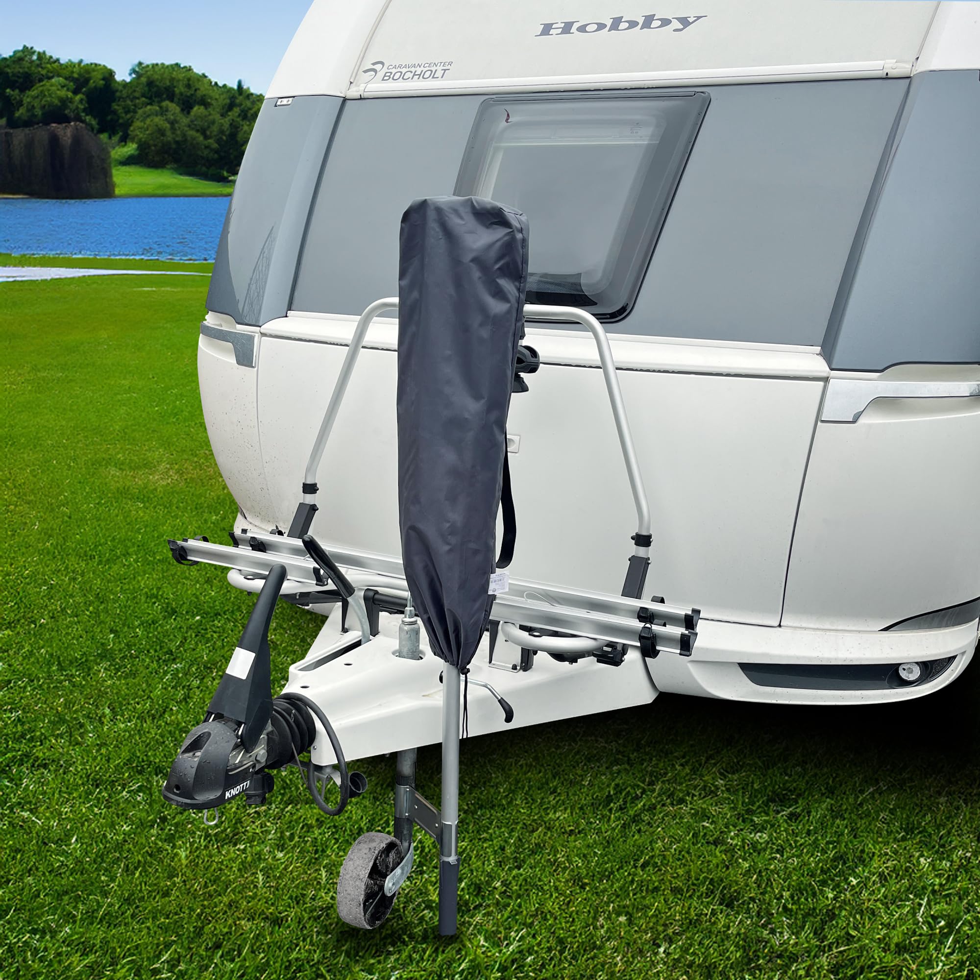 your GEAR Siena - Alu Wäschespinne für Caravan Camping Balkon Garten - Mobiler Wäscheständer mit 15m UV-beständiger Leine - Wetterfest und Platzsparend - mit Stützrad-Halterung, Standfuß, Bodenhülse