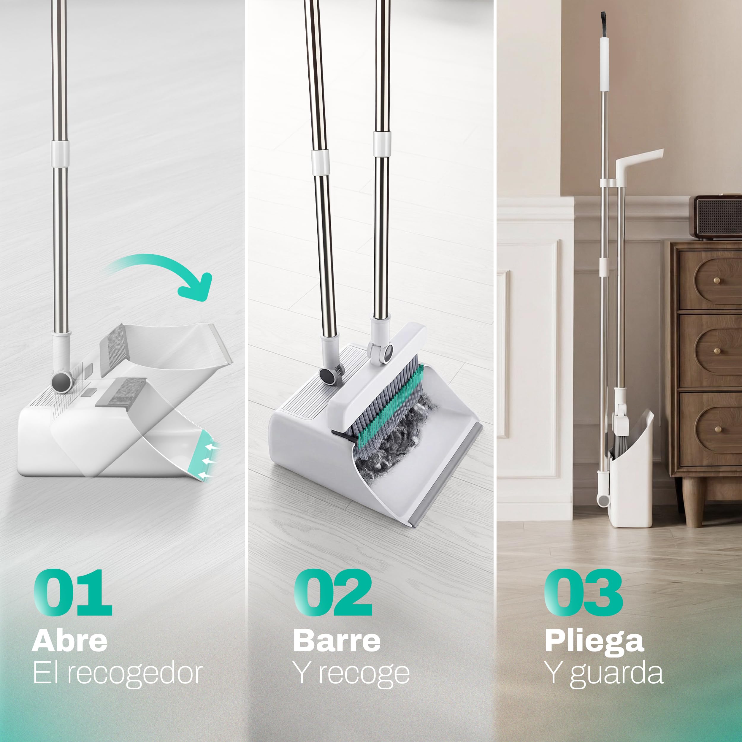 Bione Escoba y Recogedor Plegable con Palo de 126 cm - Set de Limpieza de Escoba 3 en 1 con Cepillo Barrer, Cepillo Duro, Limpiacristales Integrado, Bayeta y Recogedor Basura - Práctico y Compacto