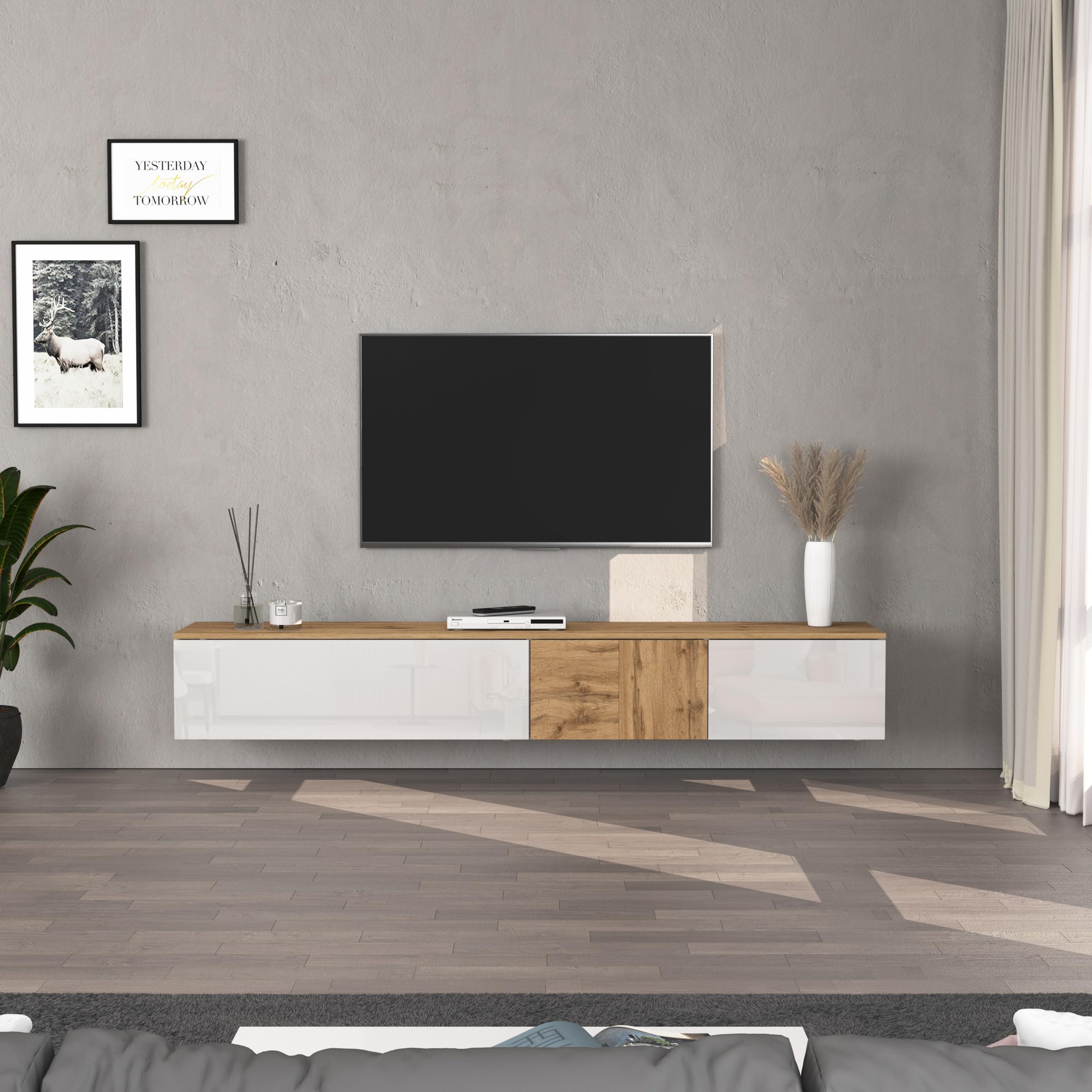WHOUS Mobile Porta TV Sospeso ISEO per Soggiorno con 2 Ante e 1 a Ribalta, Mobile Tv a Parete per Salotto, 200x35x30 cm, Bianco Lucido e Rovere
