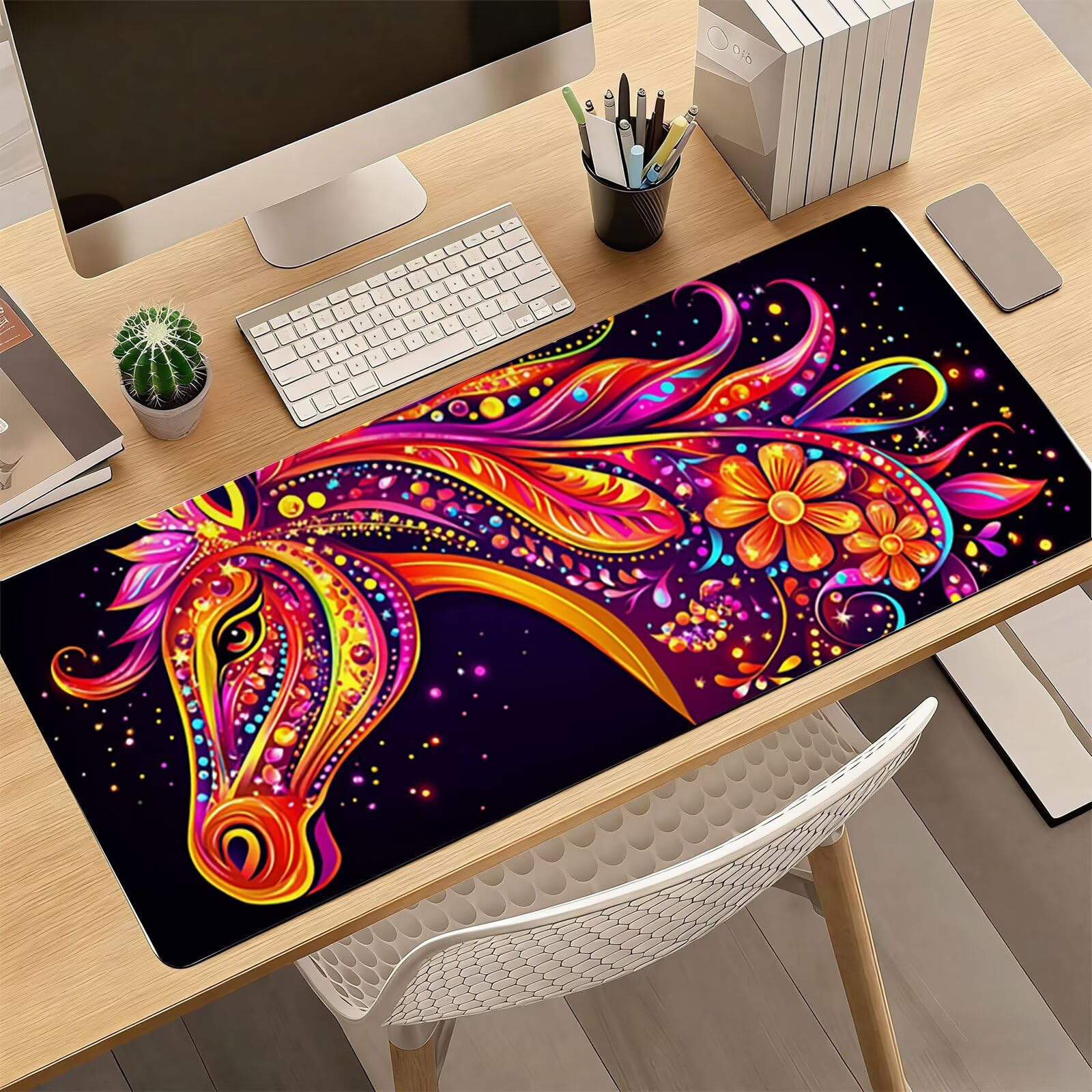 Tappetino Mouse XXL, 70x140cmx3mm Mouse Pad Impermeabile Grand, Gaming Tappetino Per Mouse, Base Antiscivolo in Gomma, Accessori Scrivania, Ufficio Accessori, Cavallo Nero JX6B-266