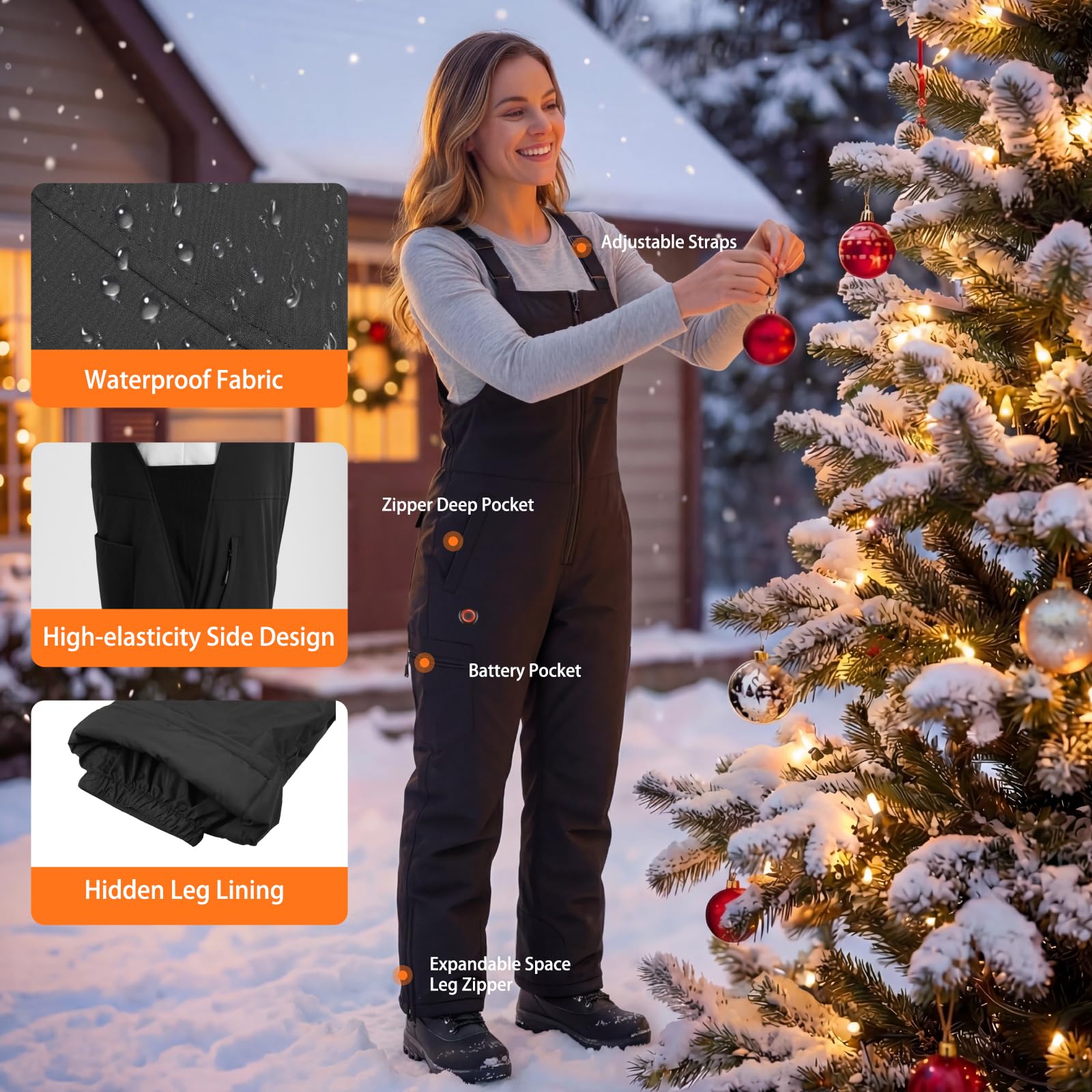 Beheizbare Latzhose Damen Skihose Wasserdicht Winddicht Snowboardhose Warme Isolierung Schneelatzoverall Skianzug mit Akku Multi Pockets Arbeitslatzhose Damen mit Verstellbaren Hosenträgern