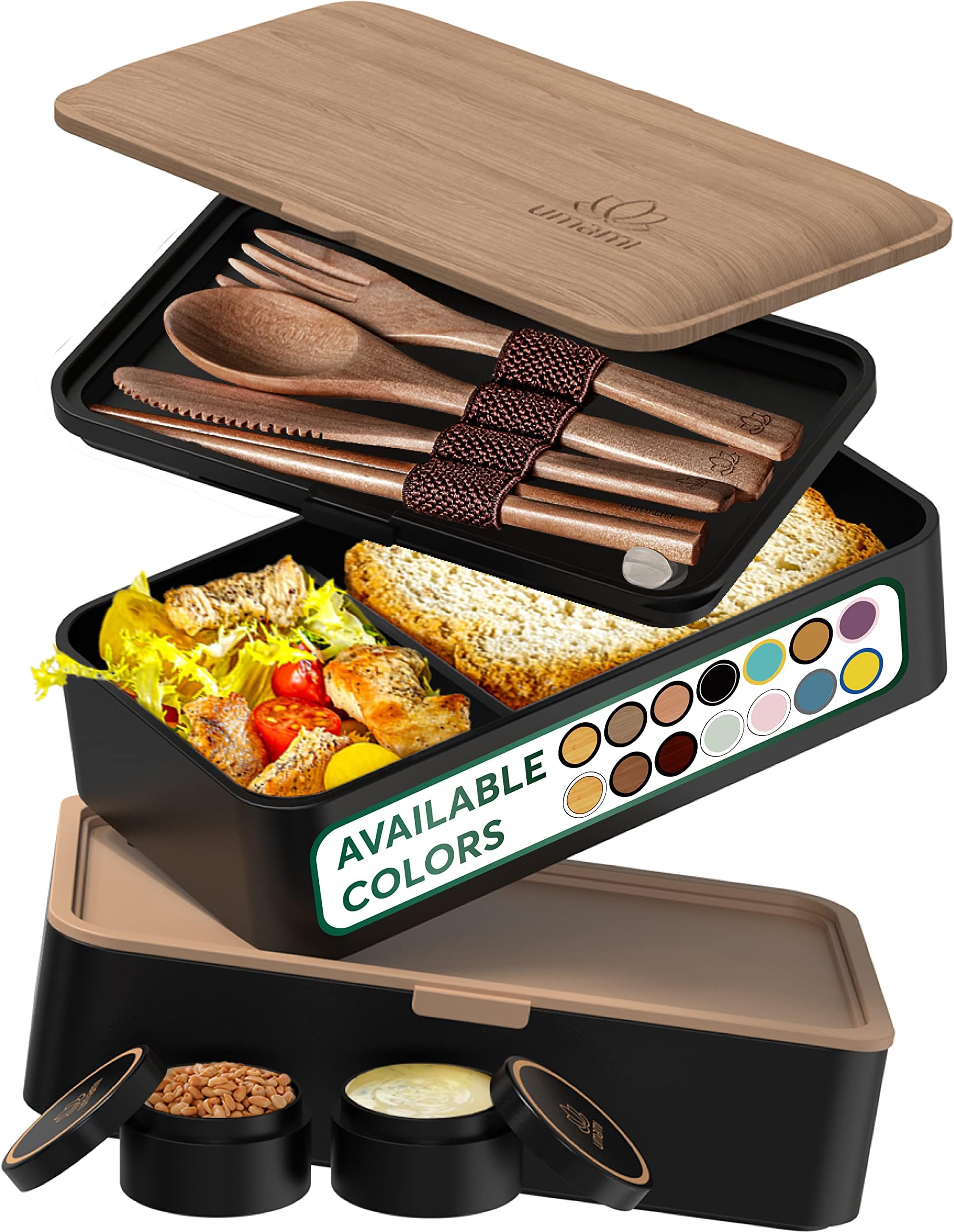 Umami Bento Lunch Box for Adults with Utensils & Sauce Jars, Leakproof, Microwave Safe, Easy to Clean - Black & Walnut