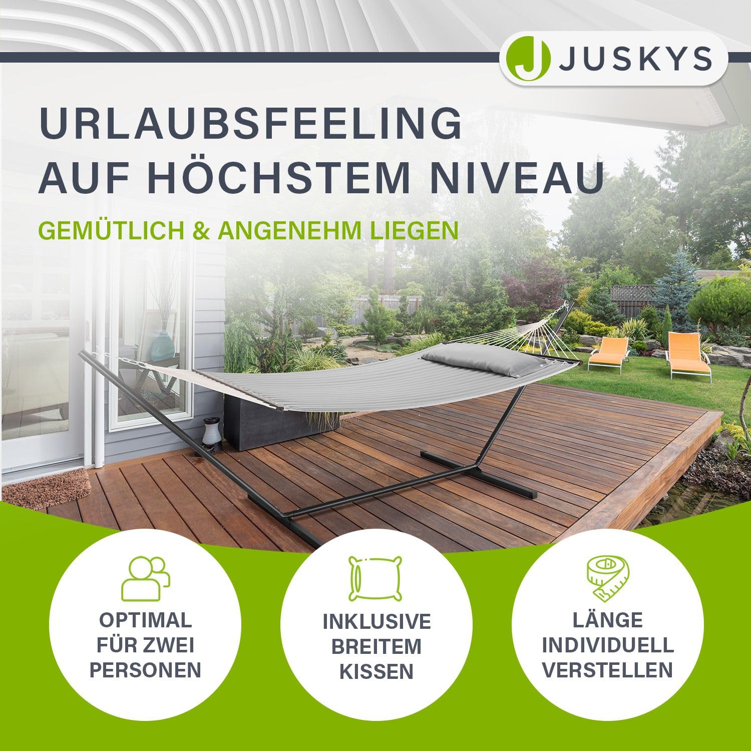 Juskys Hängematte Cata mit Gestell und Kissen - Outdoor Doppelhängematte für 2 Personen - doppel Hängemattengestell bis 200kg belastbar - Hellgrau