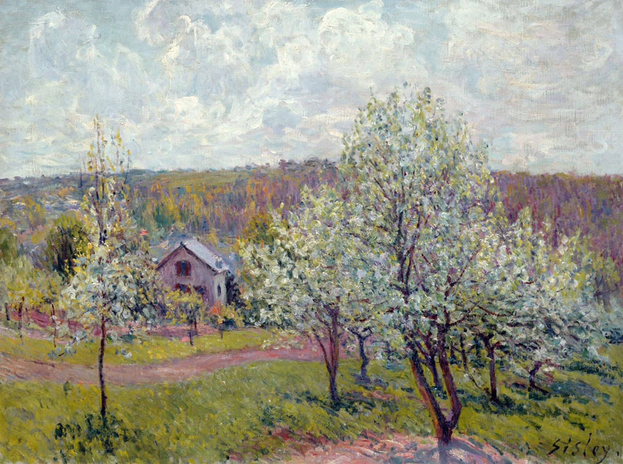 SERENDIPITP Abstract Painting Mural Print Picture Wall Decor Painting Spring in the Environs of Paris Blossom by Alfred Sisle Vintage Wall Artwork for Home Decor 60x90cm