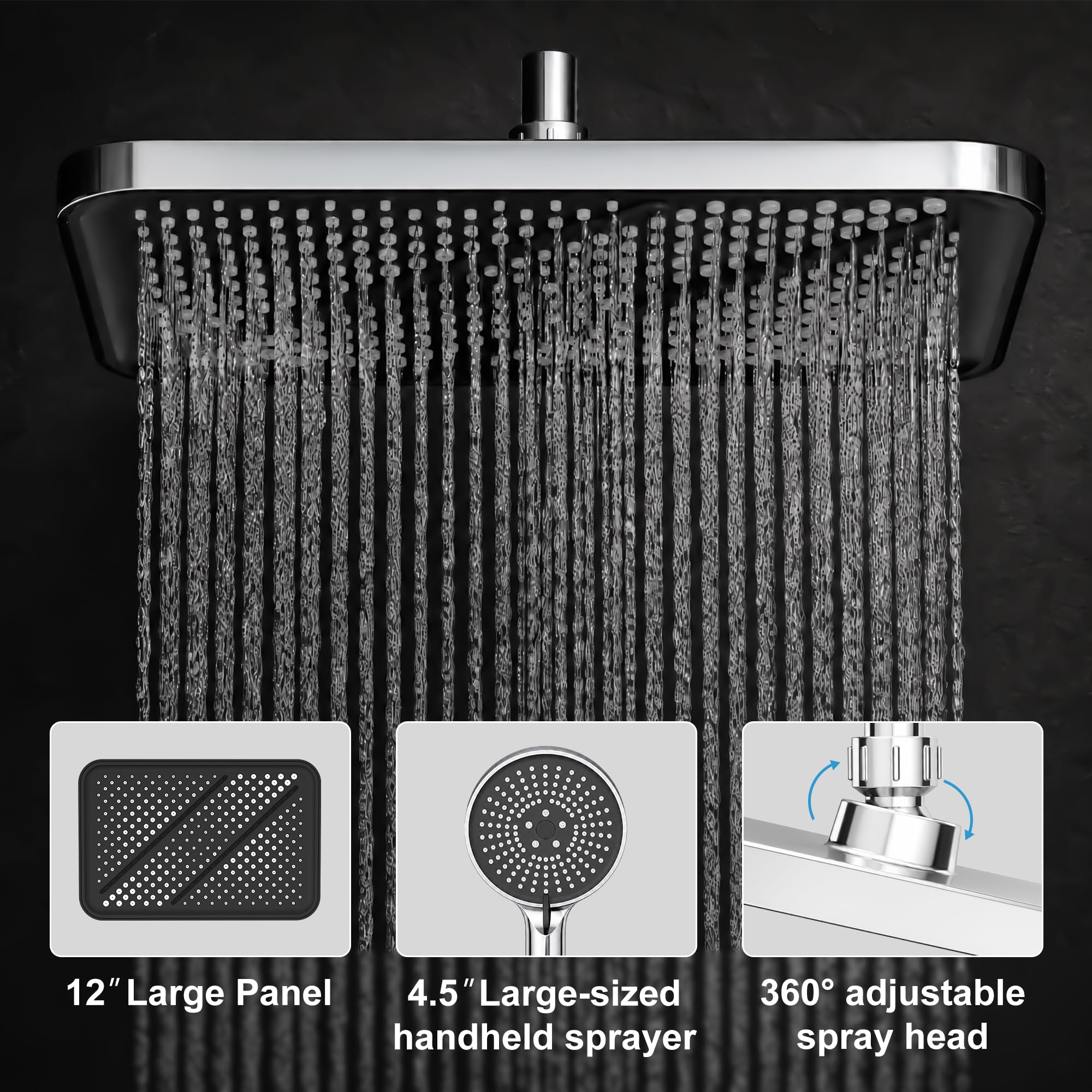 JOOM Cabezal de ducha con mano, combo de lluvia de alta presión, cromado | Brazo de extensión, antifugas, con soporte, altura y ángulo ajustable