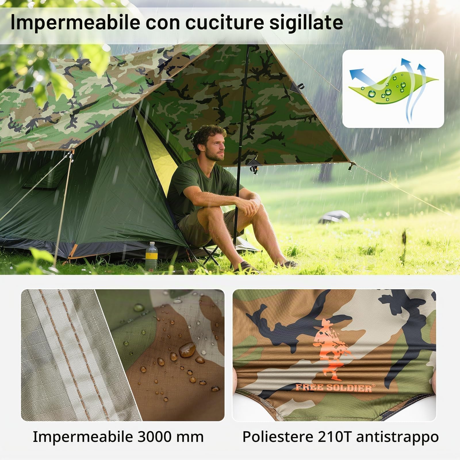FREE SOLDIER Telo da Campeggio Impermeabile Tenda Amaca Grande Telo Telone Portatile Tettoia Anti-UV Tenda Parasole Tenda Parasole per Campeggio Escursionismo Viaggiare(Mimetico Con Chiodi)