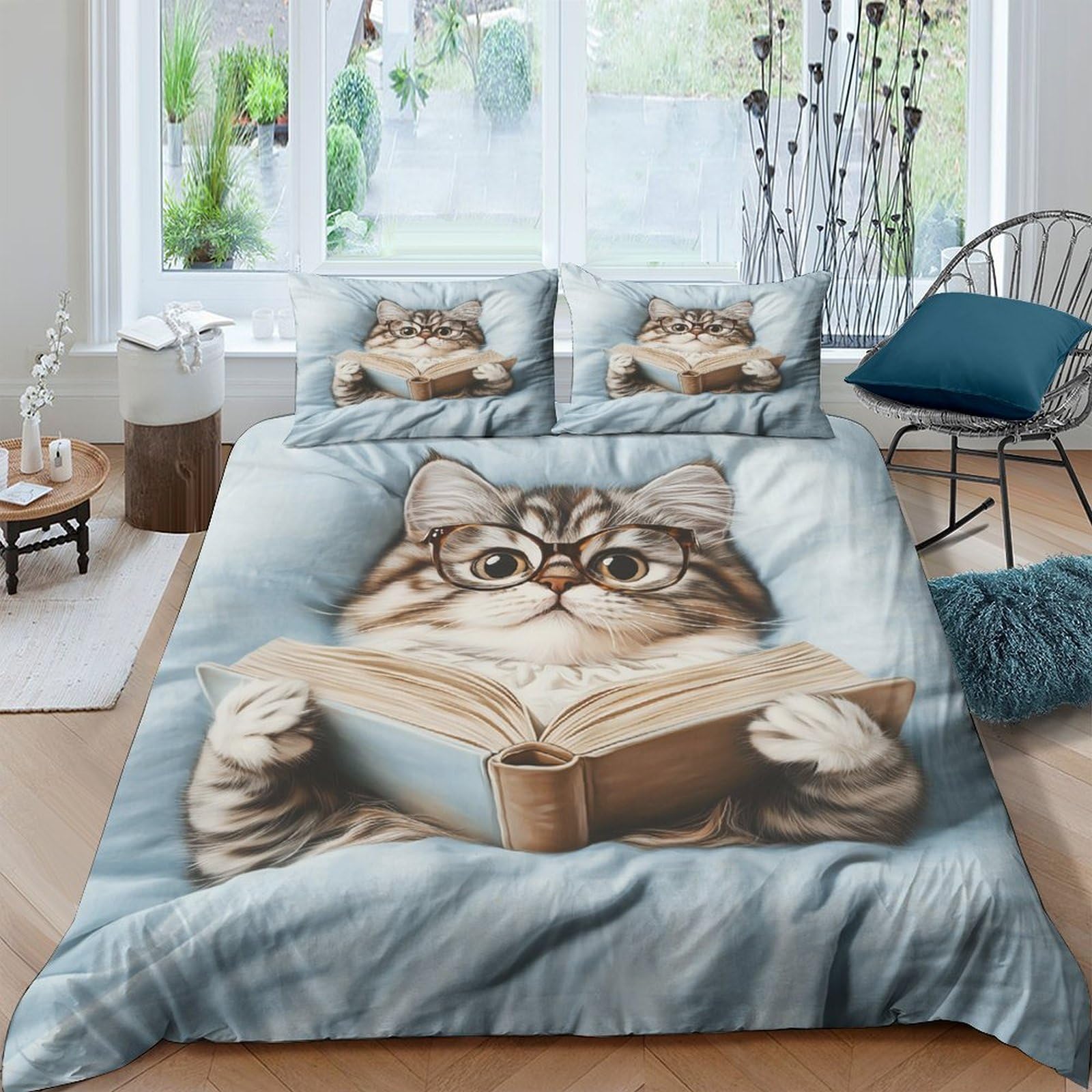 Ctjqhvkz Style-9 3D Printed Reading Cat Fitted Sheet Microfiber Soft Anti-Slip Decorative Bed Cover For Bedroom Dorm Easy Care Washable Single（135X200cm）