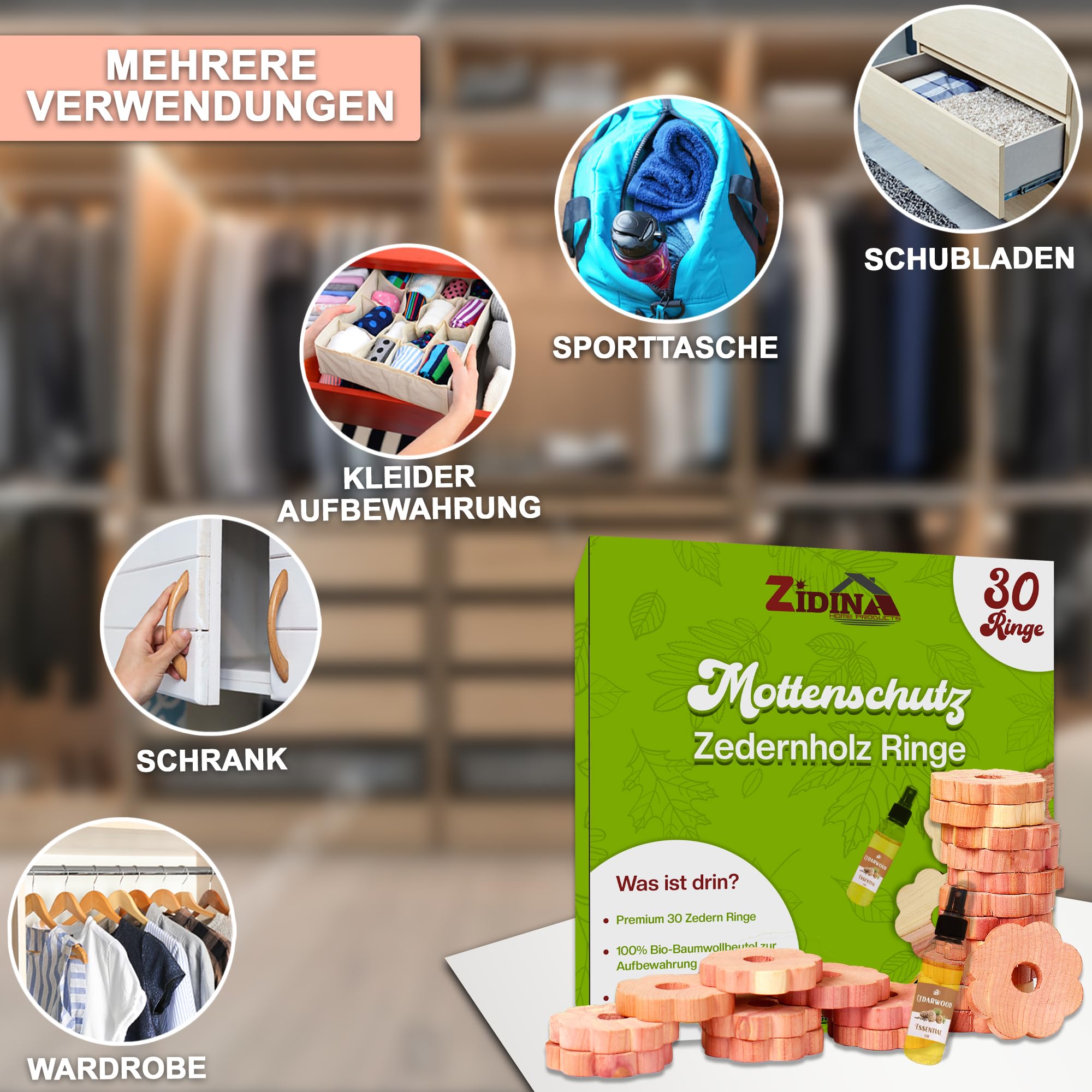 Mottenschutz für Kleiderschrank by Zidina | 30x Premium Zedernholz Bio Mittel gegen Motten