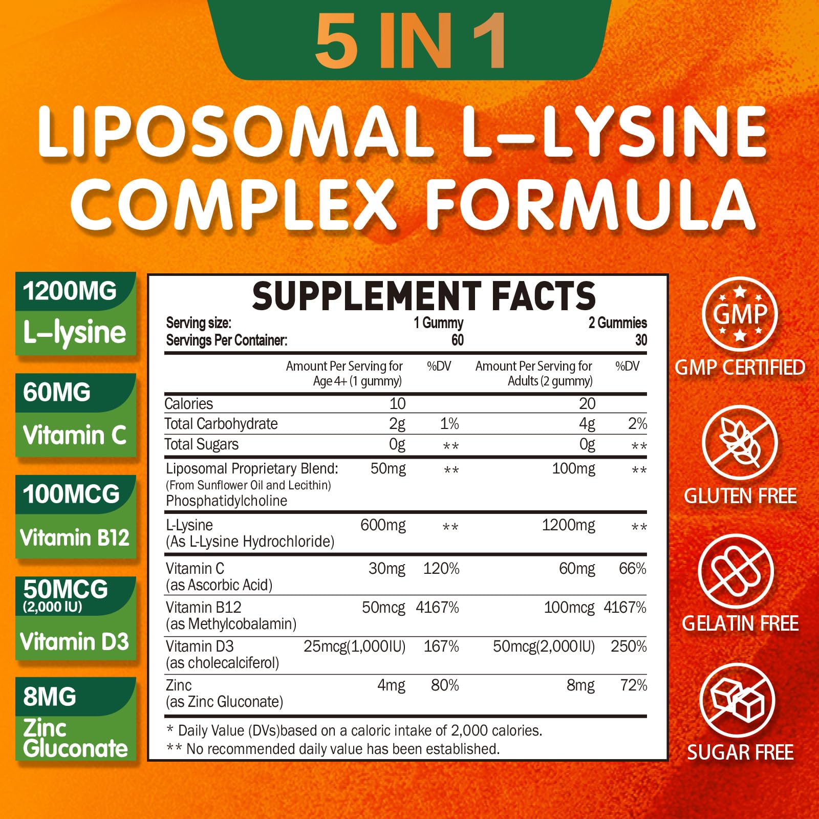 Liposomal L-lysine Gummies 1200mg, 60CT — Amazon image 2