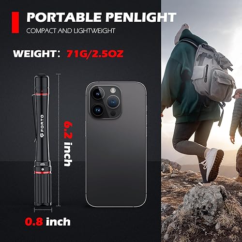 Miniatura 5 de FORTO Linterna recargable para bolígrafo, 350 lúmenes, linternas de bolsillo pequeñas con clips, IPX7 resistente al agua, 3 modos de luz