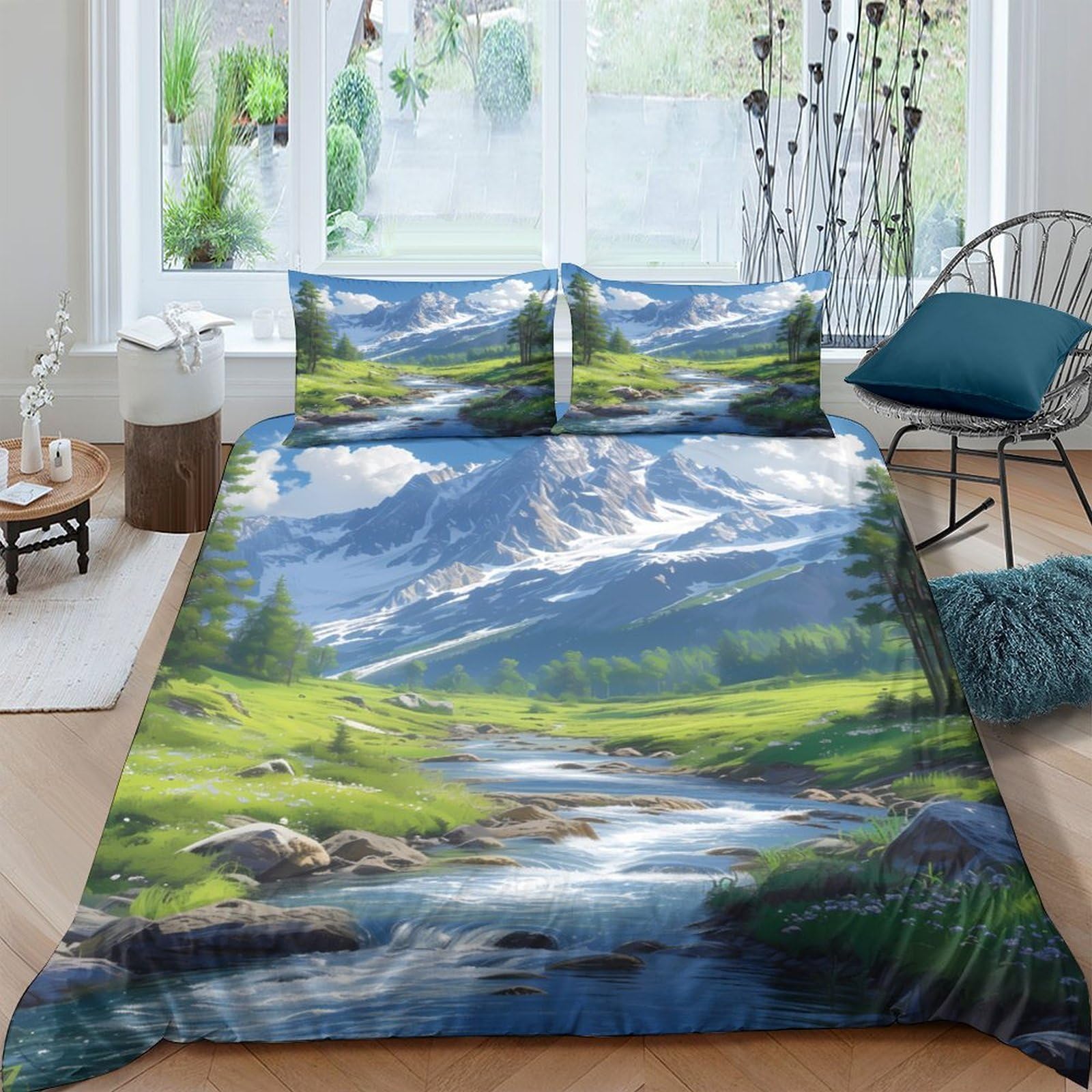 Ctjqhvkz Style-8 3D Printed Mountain Landscape Fitted Sheet Microfiber Scenic River Bed Cover For Bedroom Guest Room Easy Care Single（135X200cm）