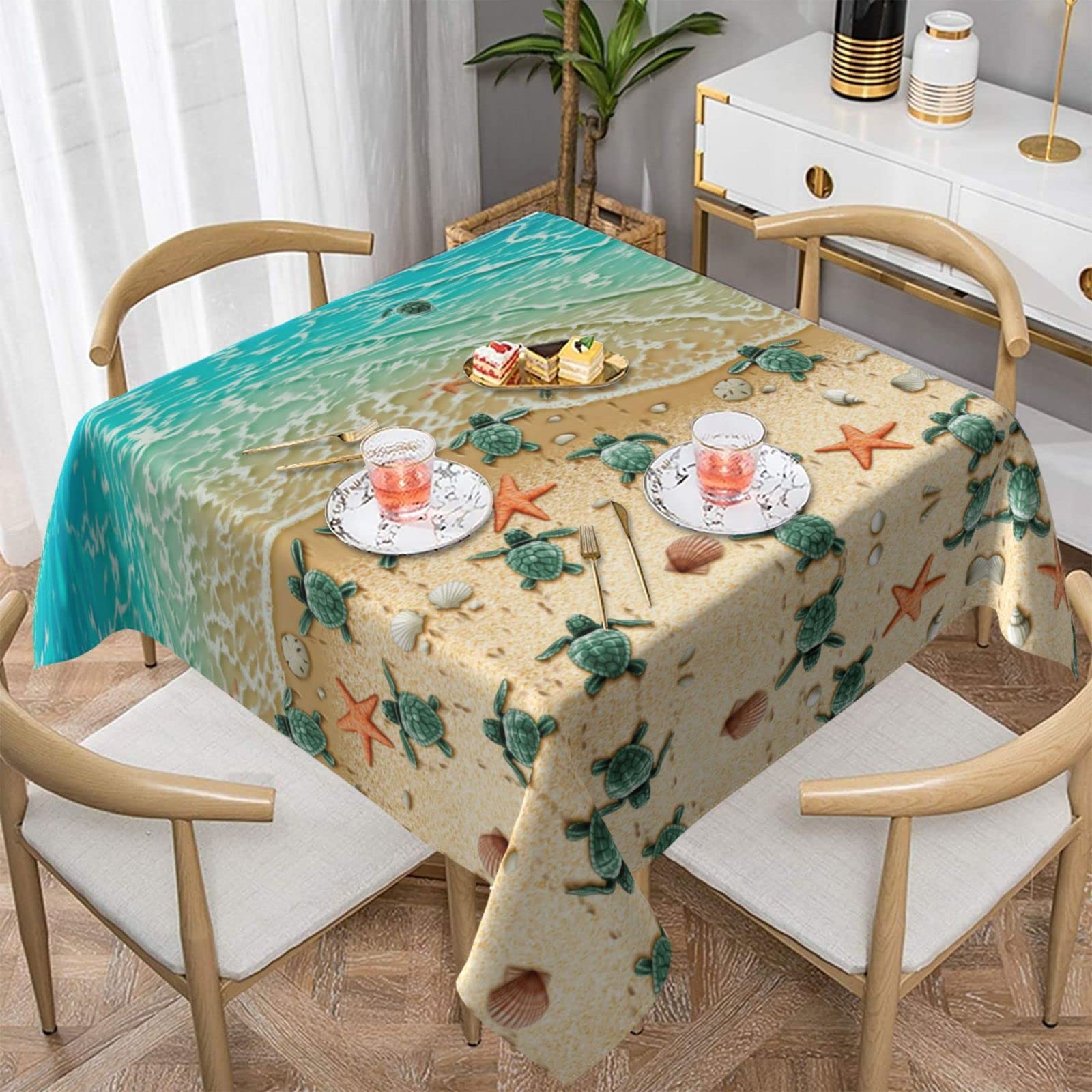 Lawenp Turtle Starfish Square Wrinkle-Free Table Cloth Cover Table Decorative for Wedding Dinning Party Banquet Tabletop