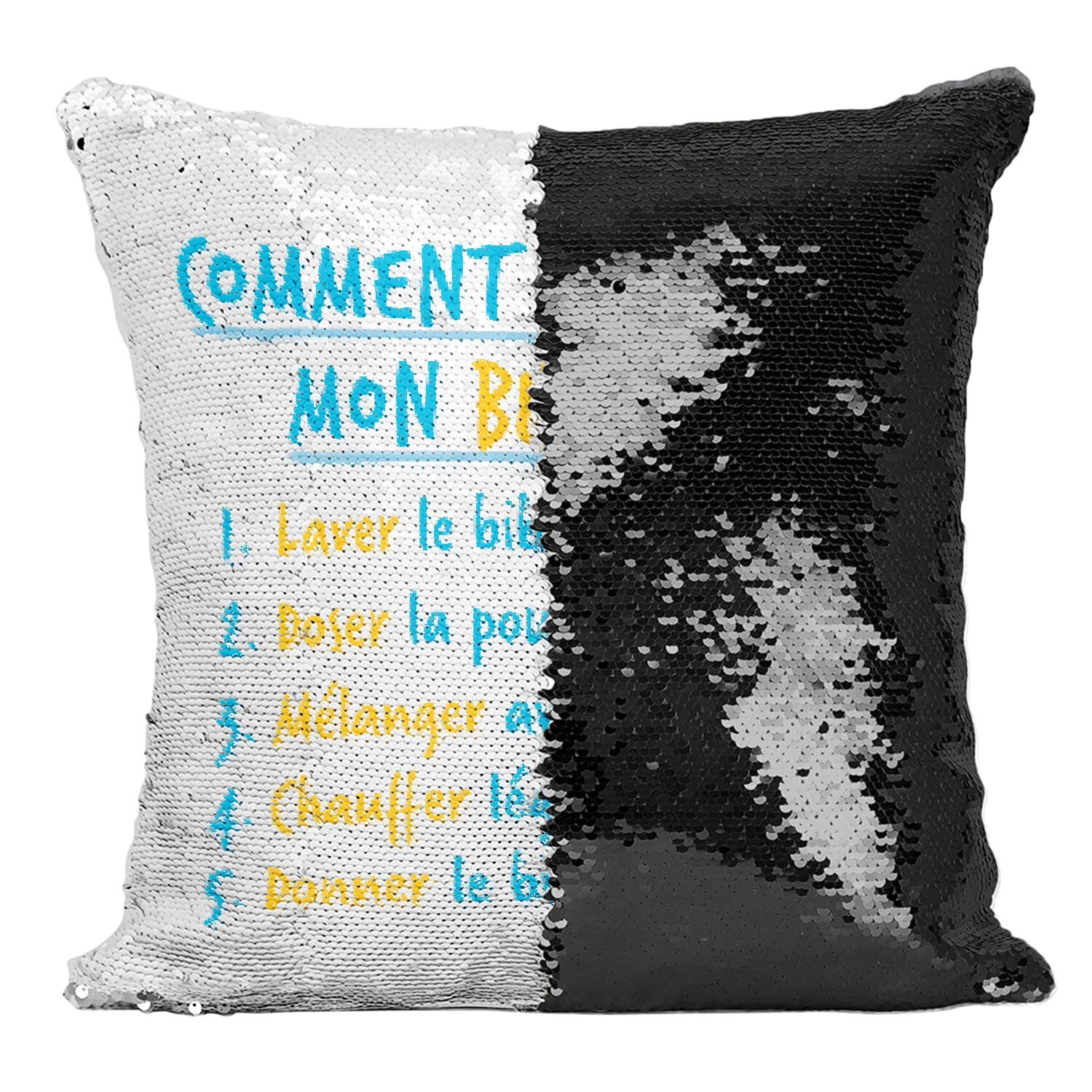 Coussin paillettes noir Comment Préparer Un Biberon pour humour parents