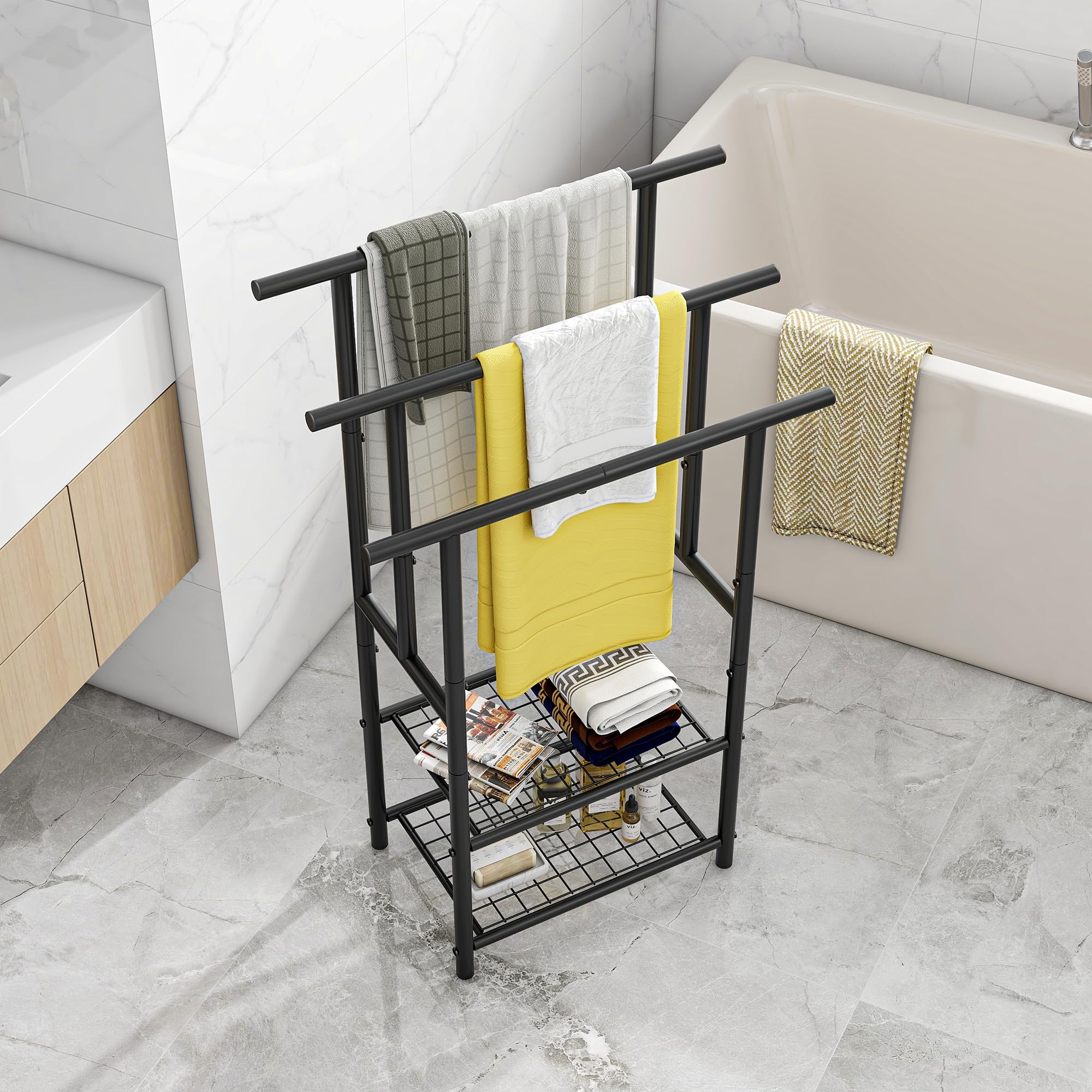 Porte-serviettes debout avec 3 barres porte-serviettes en métal avec 2 étagères, pour serviettes de bain, couvertures, peu encombrant, stable, style industriel, noir