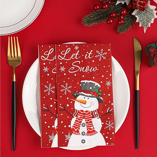Miniatura 4 de 50 servilletas de Navidad con diseño de muñeco de nieve de invierno, 3 capas, servilletas de mano de papel de nieve con texto en inglés "Let It",