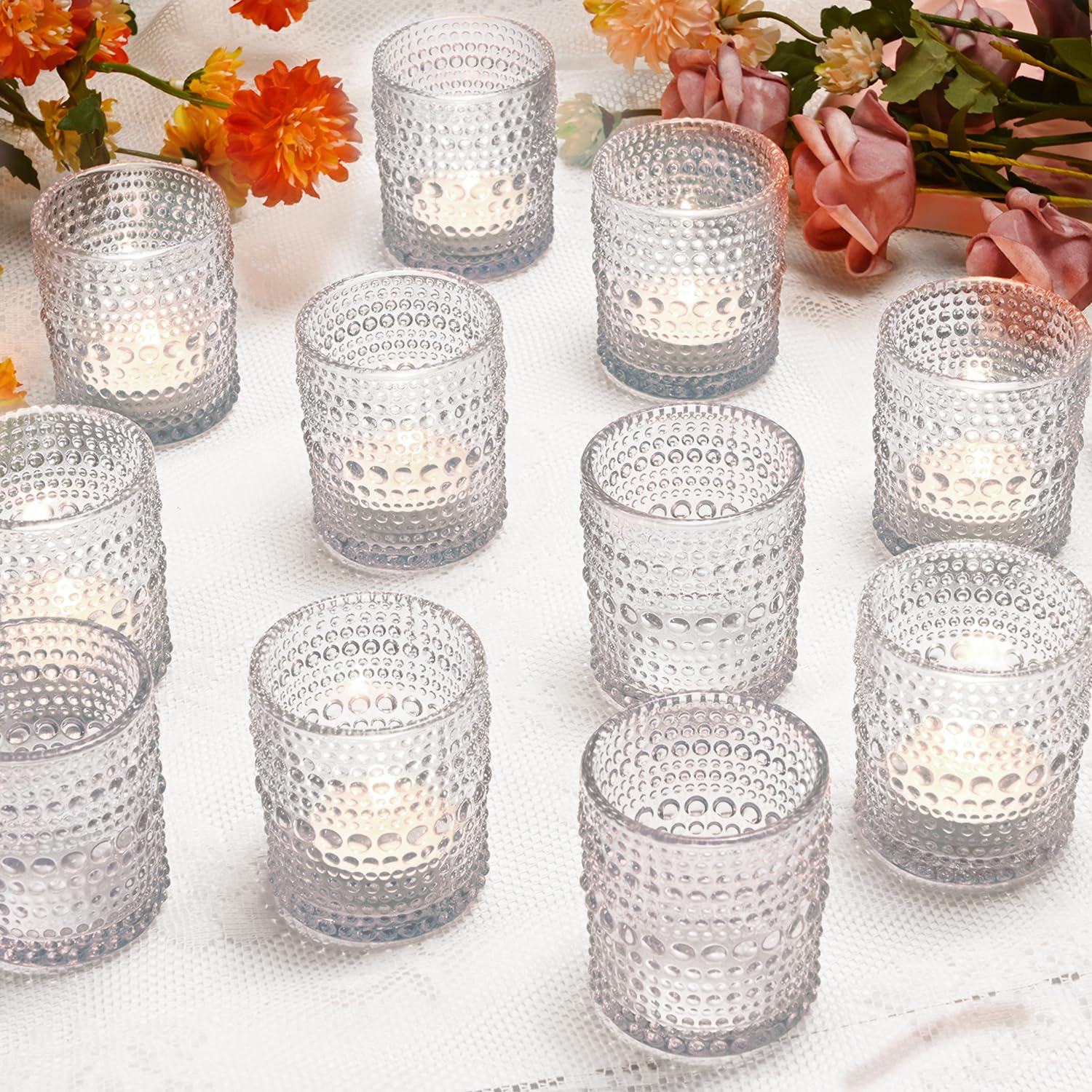 24 Pcs Glass Candle Holders, Votive Candle Holders Bulk for Table Centerpiece, Tea Lights Candle Holders for Valentines Day Wedding Decor Shower, Party and Home Decor (Clear)