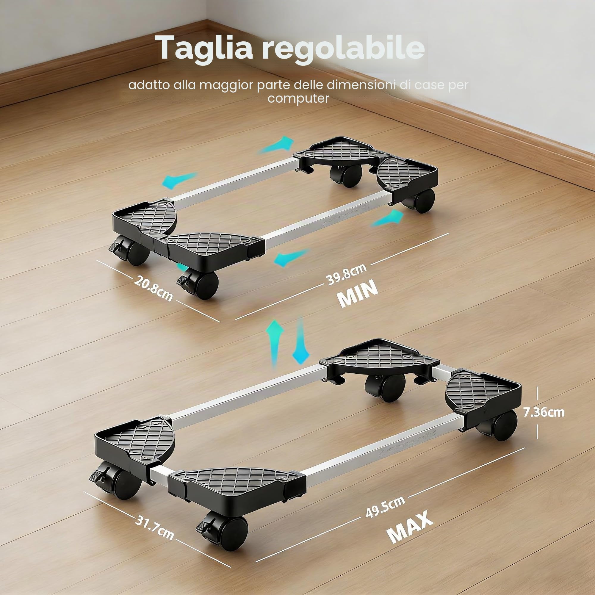 Supporto PC Fisso, Mobile CPU Holder Cart, Regolabile Carrello Porta PC con Ruote, Carrello Porta Computer Tower, per Tower Desktop Sotto Scrivania(Nero)